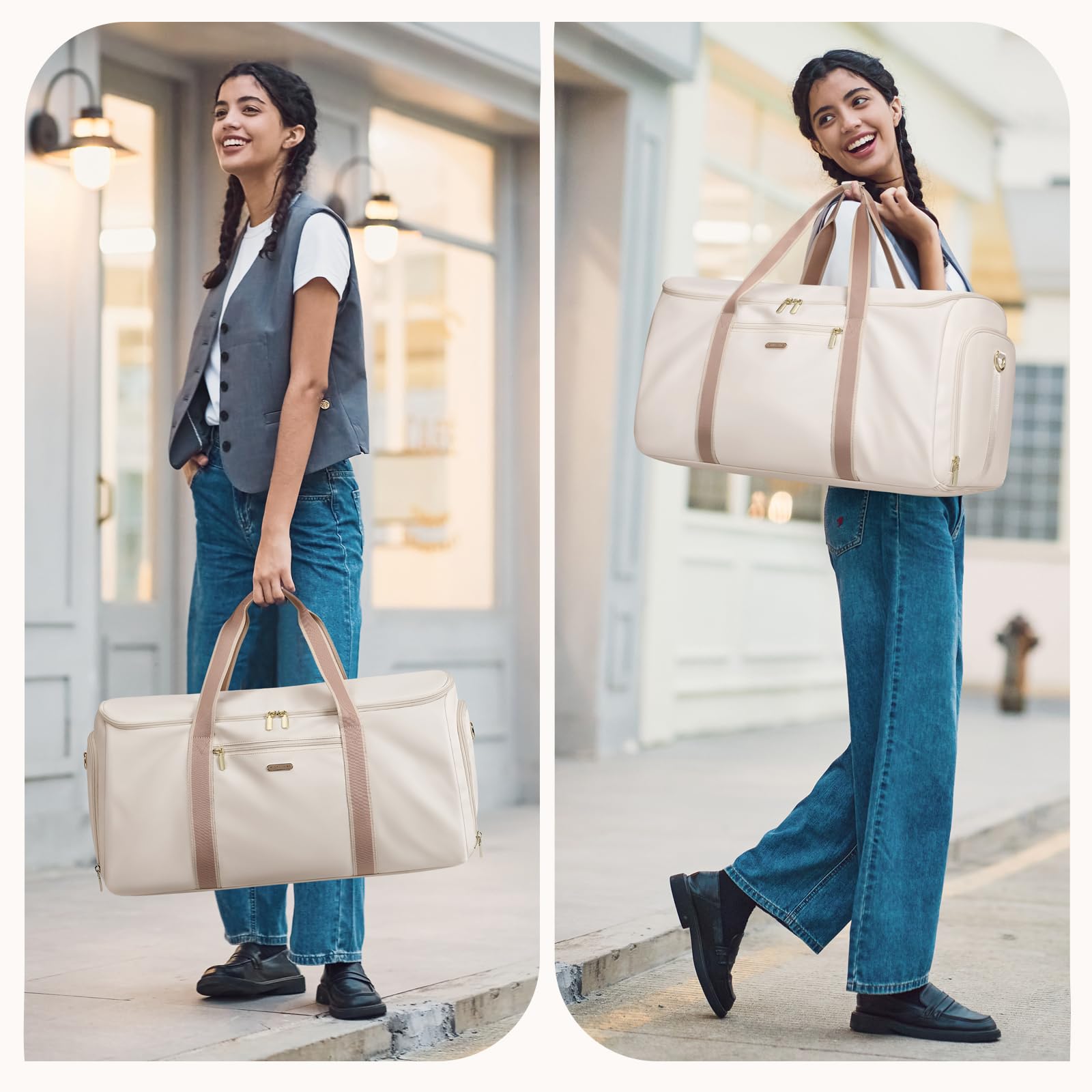 Sac de Voyage Convertible 2 en 1 Sac à Main pour Femme Pliable Blanc Cassé