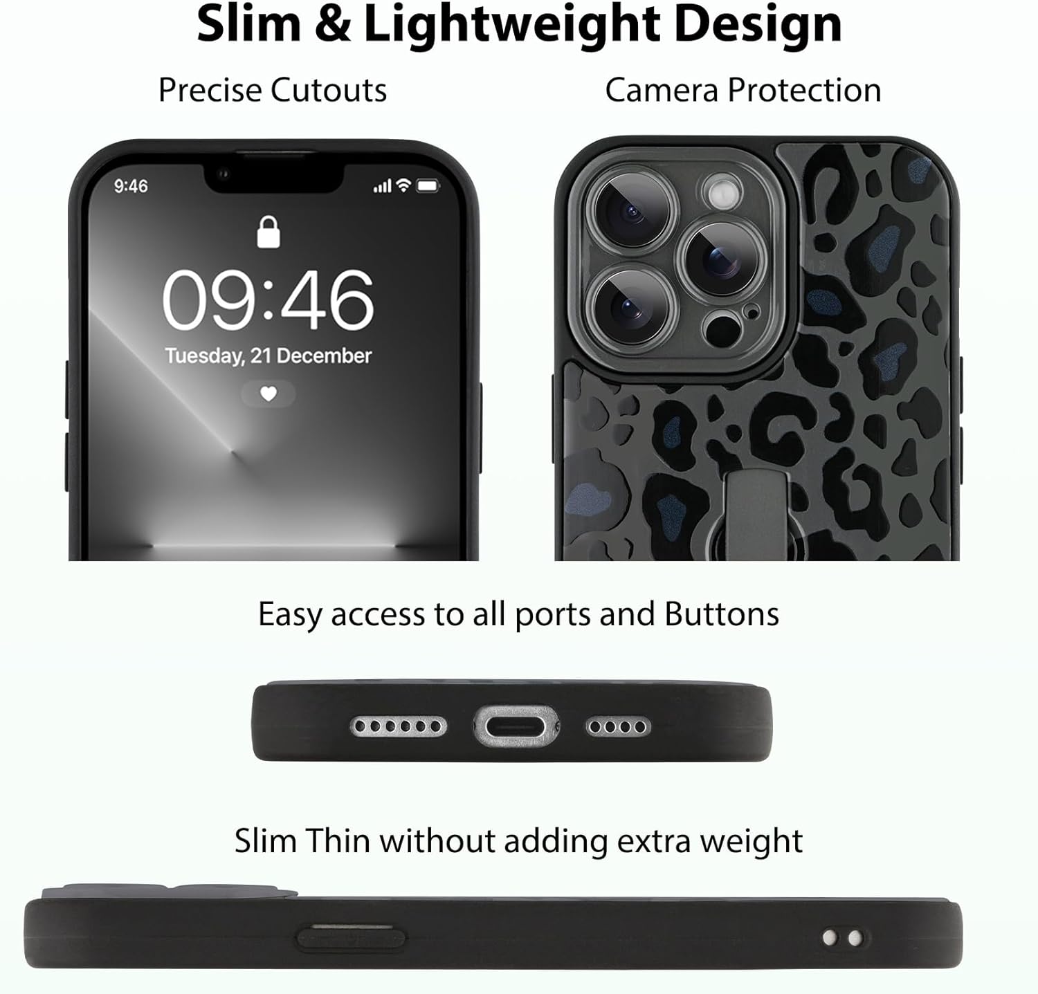 KANGHAR for iPhone 13 Pro Case Black Leopard Print Pattern Cute Cheetah Wristband Stand Phone Cover for Women Girls Men Shockproof Slim Protective Cover for iPhone 13 Pro 6.1 Inch - Image 3