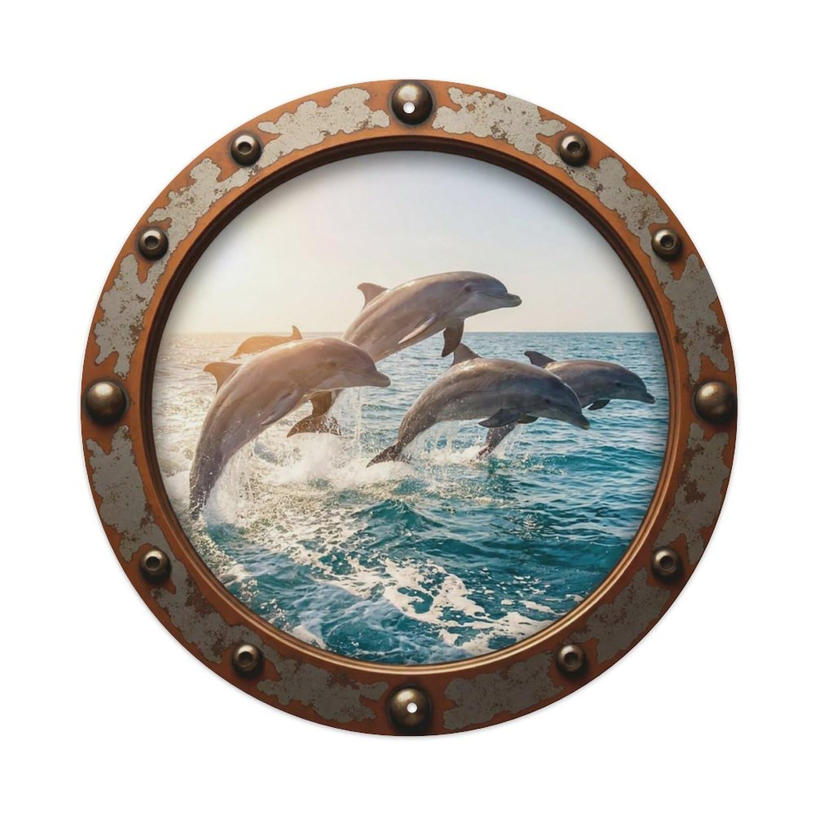 Vintage Porthole Dolphin Leap Nautical Window View Vintage Metal Tin Sign Plaque Wall Decor for Cafe, Club Bar, Office, Garden Metal Poster 8x8Inch