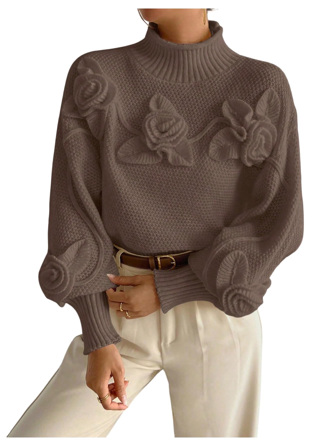 Verdusa Womens 3D Floral Pullover Sweaters Old Money Long Lantern Sleeve Cable Knit Tops