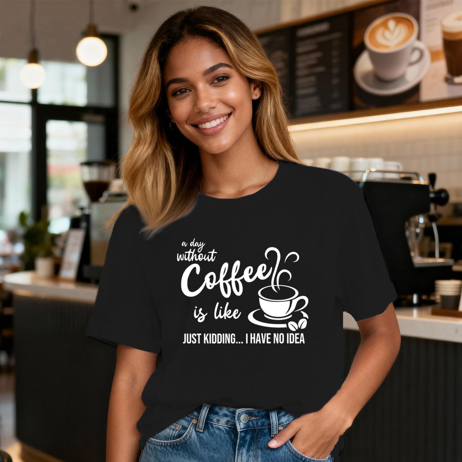 Womens Coffee Shirts A Day Without Coffee is Like Just Kidding Shirt Funny Caffeine Lover Tees - Image 4