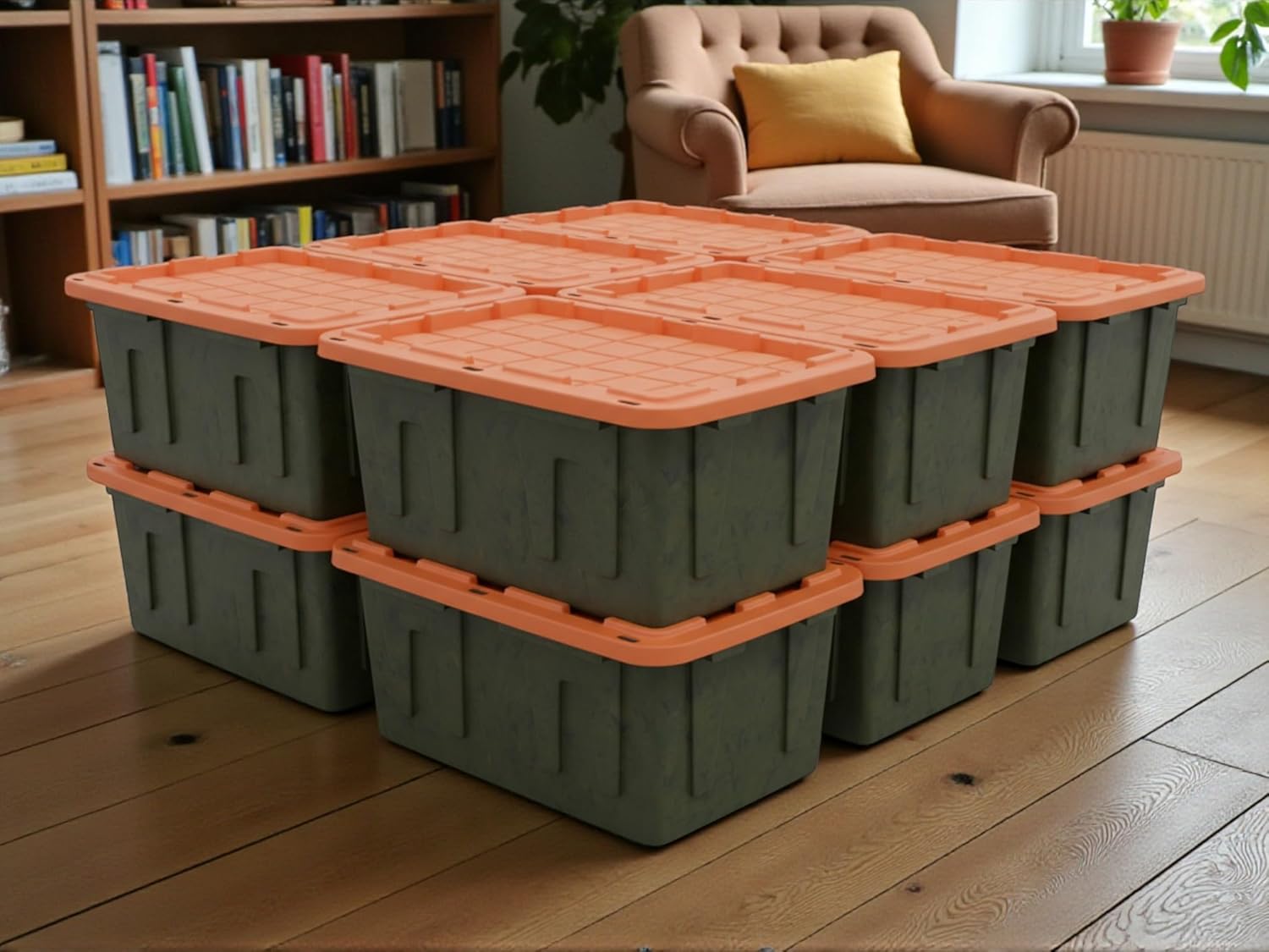 Heavy-Duty Storage Tote, 27 Gallon, Black and Orange, 30.6" W x 20.6" D x 14.3" H (12 PACK)