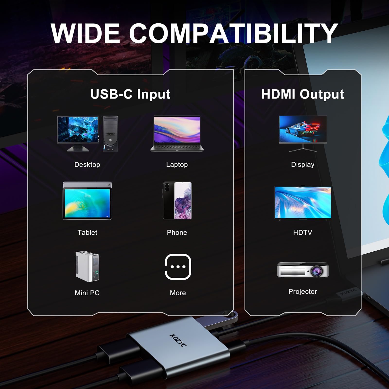 KOZYC Adaptador USB C a HDMI Dual 4 en 1 - Hub Con 2 HDMI 4K, USB 3.0, 100W PD - Compatible Con MacBook Pro Air (Soporte MST Solo Para Windows)