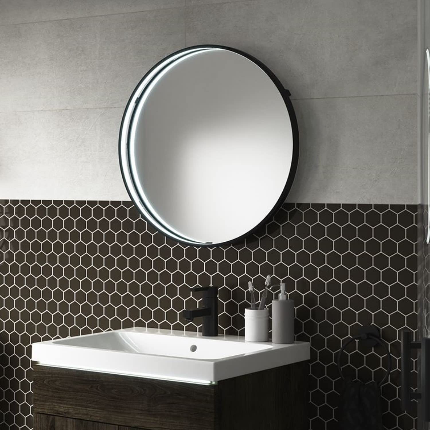 Sensio Black Round Led Bathroom Mirror With Demister 600Mm Aspect