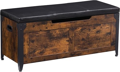 Vista 4 de GAOMON Baúl de almacenamiento, baúl de almacenamiento de madera con marco de metal, banco para zapatos de entrada con cojín, organizador de Marrón