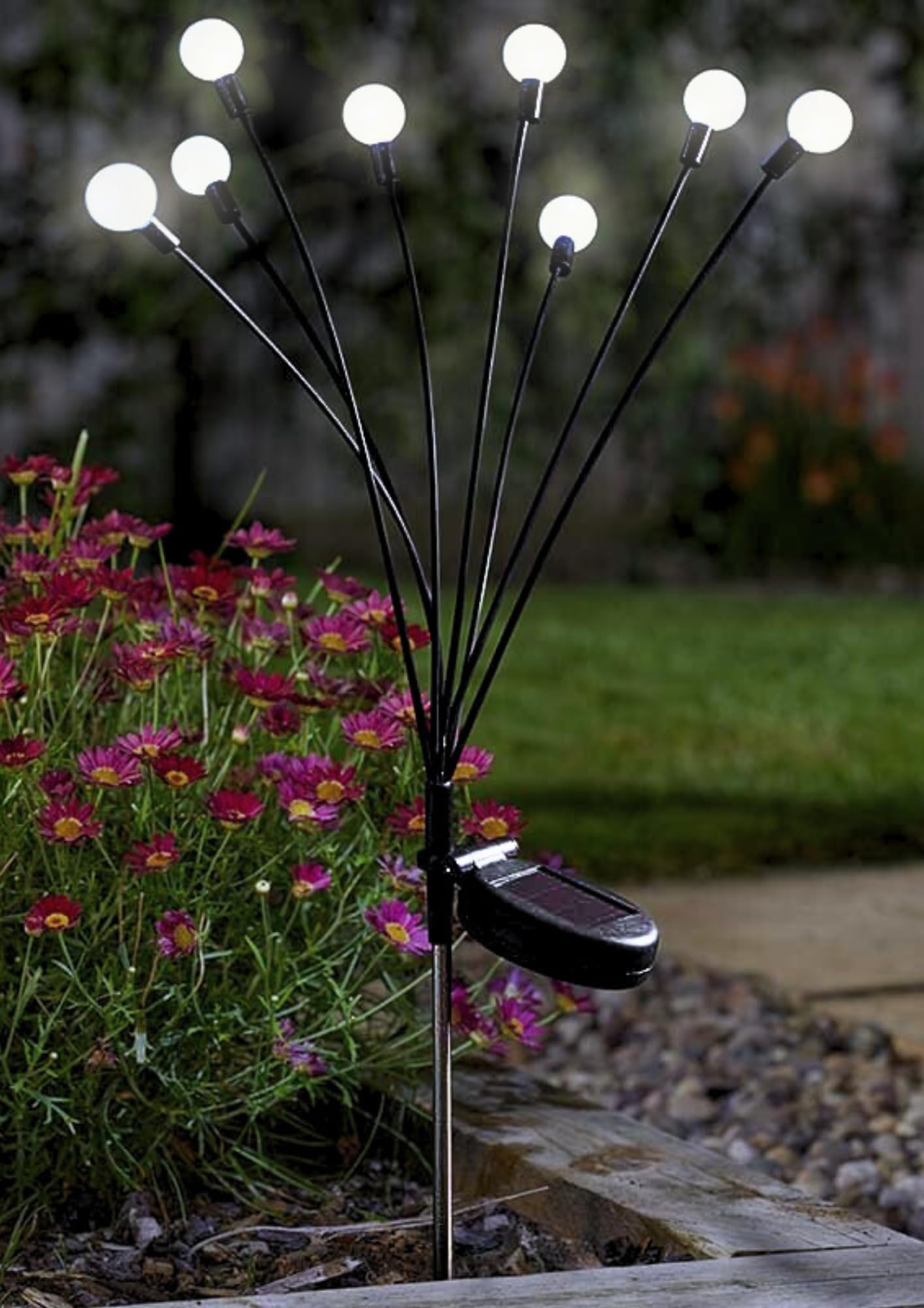 Garden Mile 70cm Solar Starburst Flower Stake Lights - LED Lights for Garden, Pathway, Beds - Outdoor Solar Lamps with 8 Flexible Flower Stems & Cool White LED Lighting for Home Decor