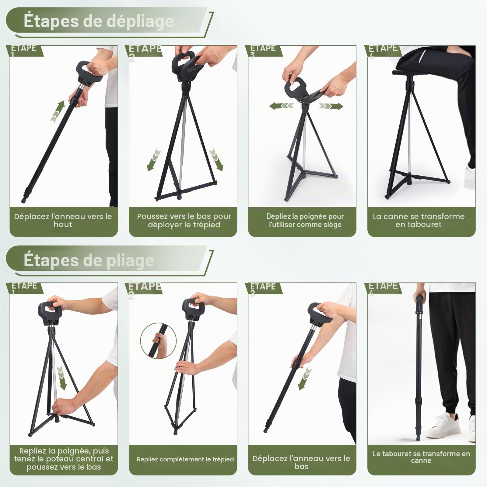 Canne de marche portable avec siège, canne de marche réglable avec siège, canne de marche pliable et légère en aluminium antidérapante pour adultes, chaise-canne pour la randonnée avec sac de