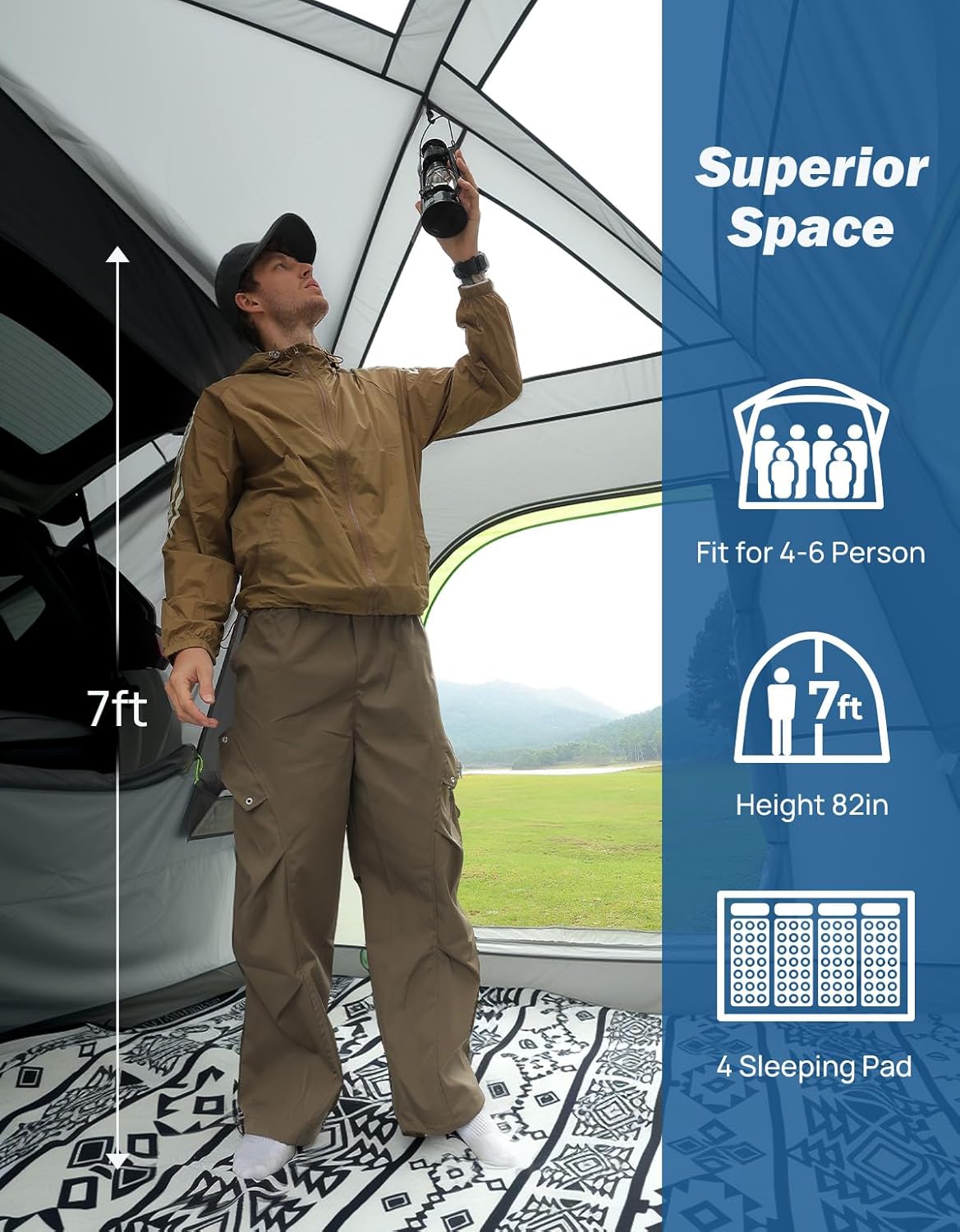 JOYTUTUS Dual-Use SUV Tent for Camping with Rainfly 2.0, Strong Four Steel Frame Poles, 5-9 Person Car Tent with Ventilated Double Door Design, Movie Screen, 8' W X 10' L X 7' H, Fit for SUV CUV Van