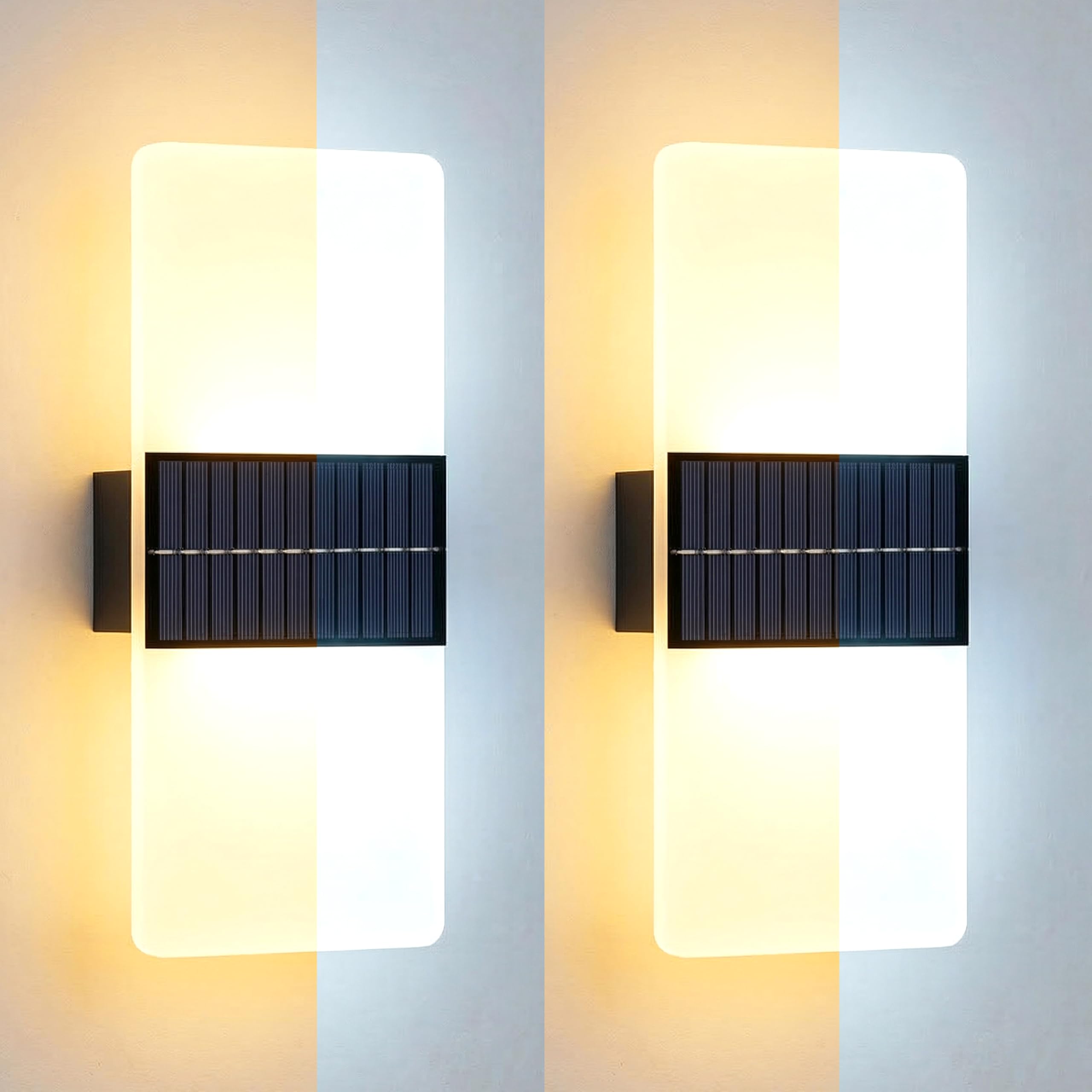 Geezy White Set Of Two Dual Color Led Solar Fence Lights - Outdoor Garden Waterproof Outside Lights For Patio Deck - Warm /Cool Up Down Wall Light