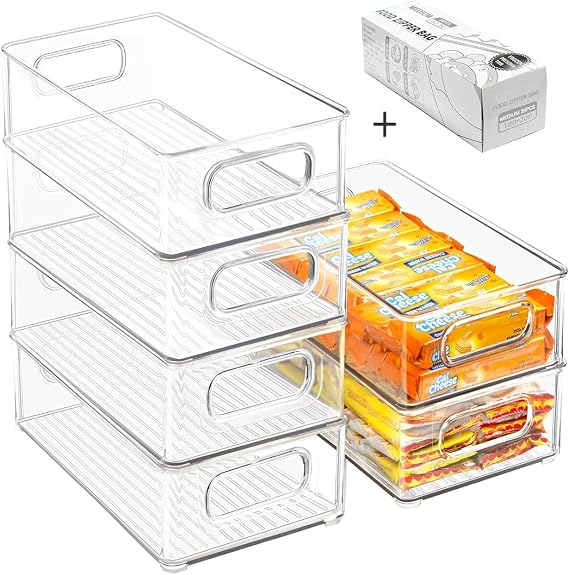 Stackable Refrigerator Organizer Bins, 6 Pack Clear Kitchen Organizer Container Bins with Handles and 20 PCS Plastic Bags for Pantry, Cabinets, Shelves, Drawer, Freezer - Food Safe, BPA Free 10L