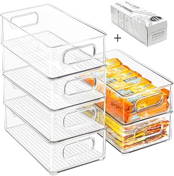 Stackable Refrigerator Organizer Bins, 6 Pack Clear Kitchen Organizer Container Bins with Handles and 20 PCS Plastic Bags for Pantry, Cabinets, Shelves, Drawer, Freezer - Food Safe, BPA Free 10L
