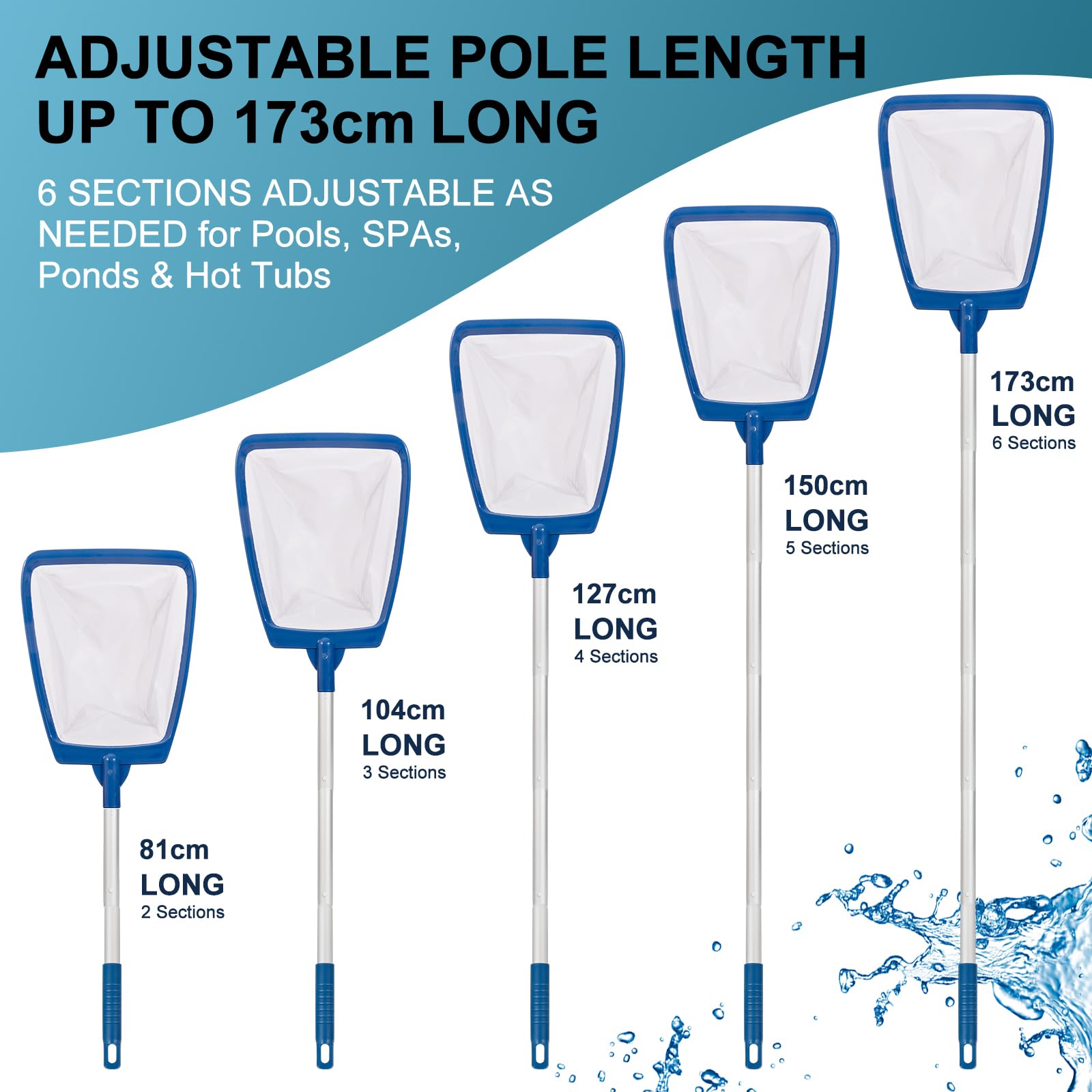 POOLAZA Épuisette Piscine avec Perche, épuisette Piscine à Maille Ultra-Fine, épuisette Semi-Profonde avec Perche Aluminium épaissi 173 cm, pour Piscine sur Terrain élevé, Spa et Bain à remoulement