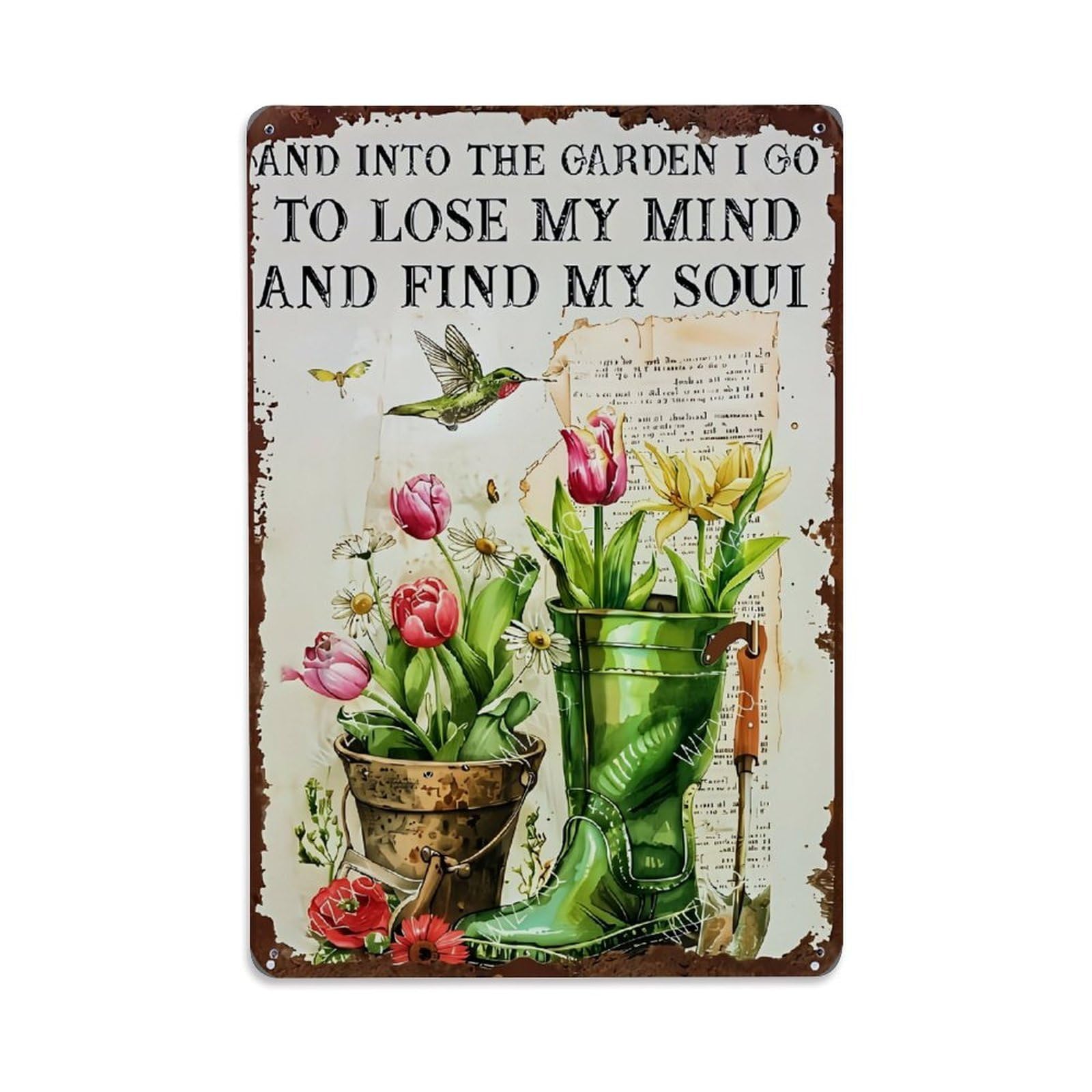 Jdfenggu Vintage Garden Flowers Boots Hummingbird Text Retro Metal Tin Sign, Decor Art Poster For Bar, Home, Man Cave, Kitchen, Laundry Room Gift 8X12inch