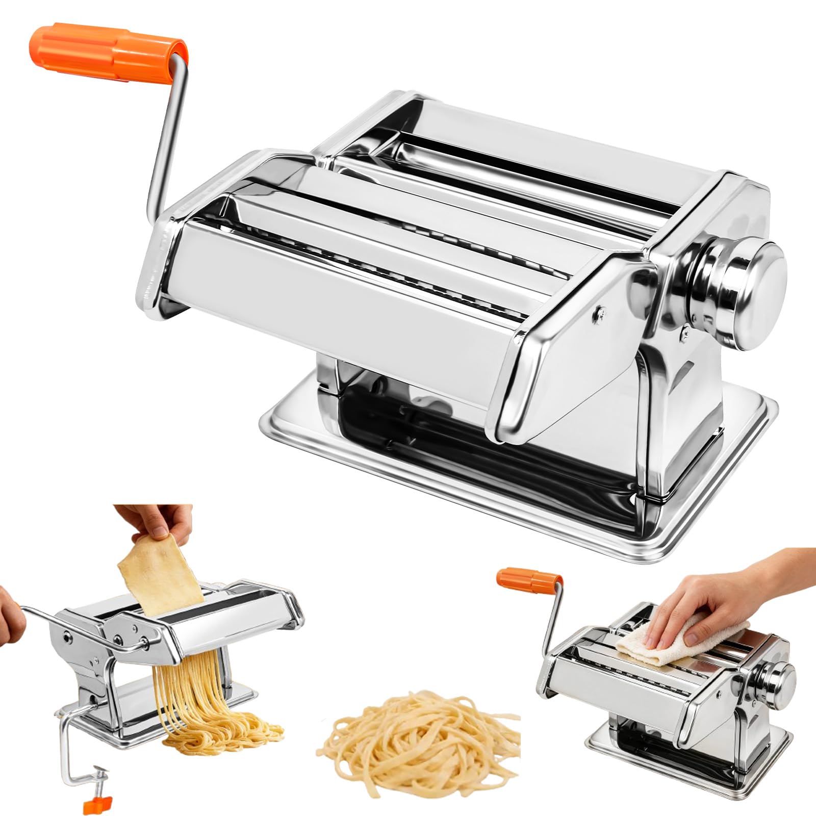 3-in-1 Pasta Maker, Heavy Duty Stainless Steel Professional Pasta Machine with 3 Cut Press Blade Settings, Table Top Clamp, Fresh Pasta Lasagne Spaghetti Tagliatelle Dumplings Maker Machine Cutter