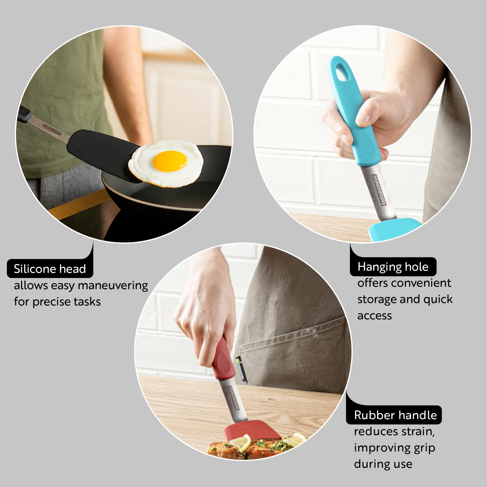 Comfy Grip - Volteador de silicona de 13.3 x 4 pulgadas, 1 espátula de cocina duradera, cuerpo de acero inoxidable, mango de goma con agujero, espátula de silicona negra, tolera hasta 446 F, lavable