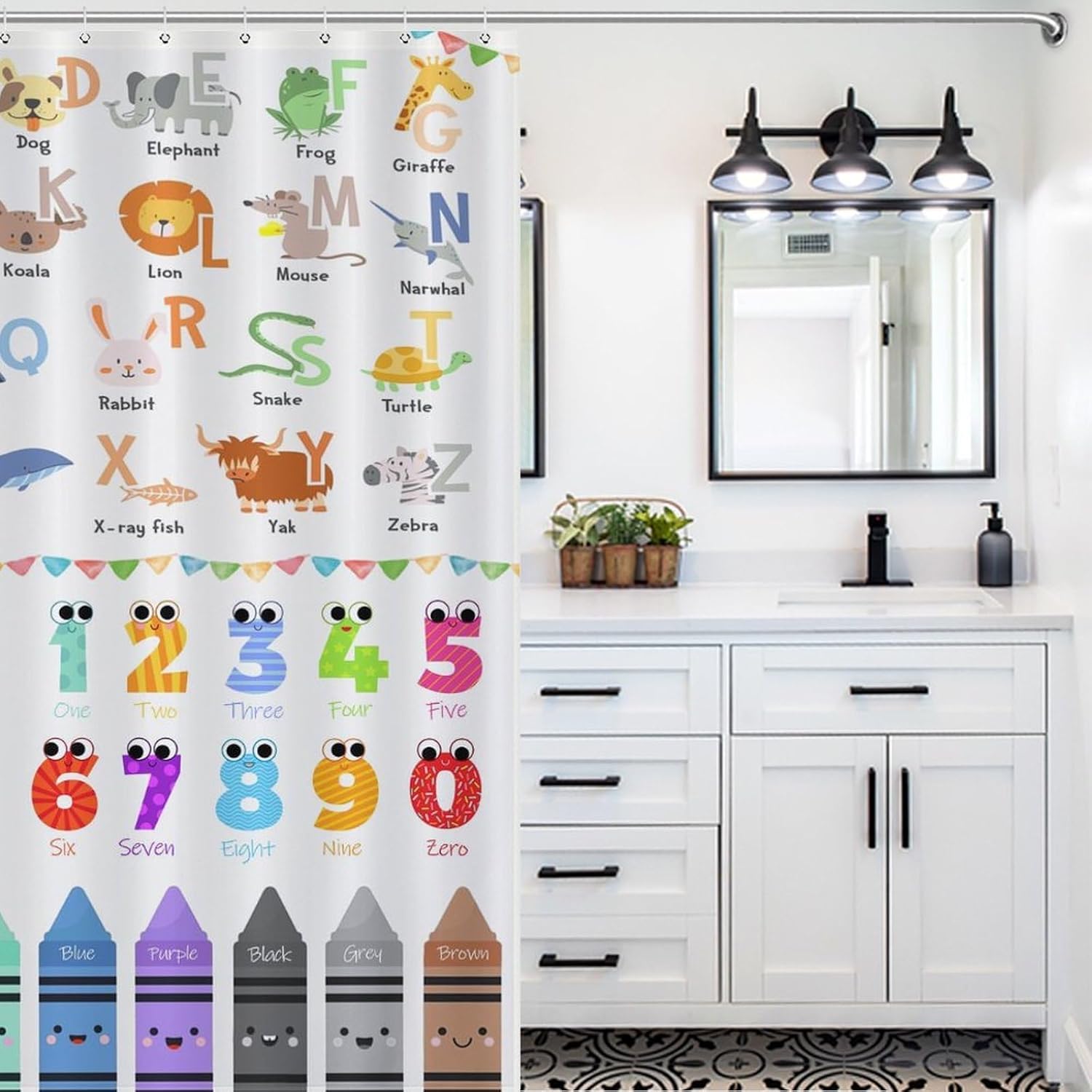 Alphabet ABC Shower Curtains for Bathroom, Children Enlightenment Cartoon Cute Animal Colorful Educational Decor Bath Drapes Set with Hooks, Waterproof Fabric Windows Treatment, 66x72in
