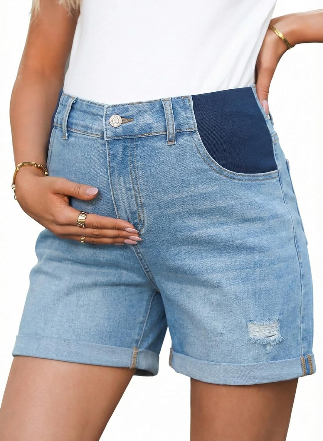 BLENCOT Maternity Jean Shorts for Women Under Belly Pregnancy Trendy Ripped Casual Summer Fold Hem Stretchy Shorts Denim