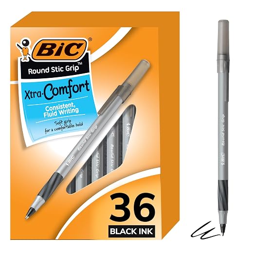 BIC Round Stic Grip Xtra Comfort Ball Pen, Medium Point (1.2 mm), Black, 36-Count