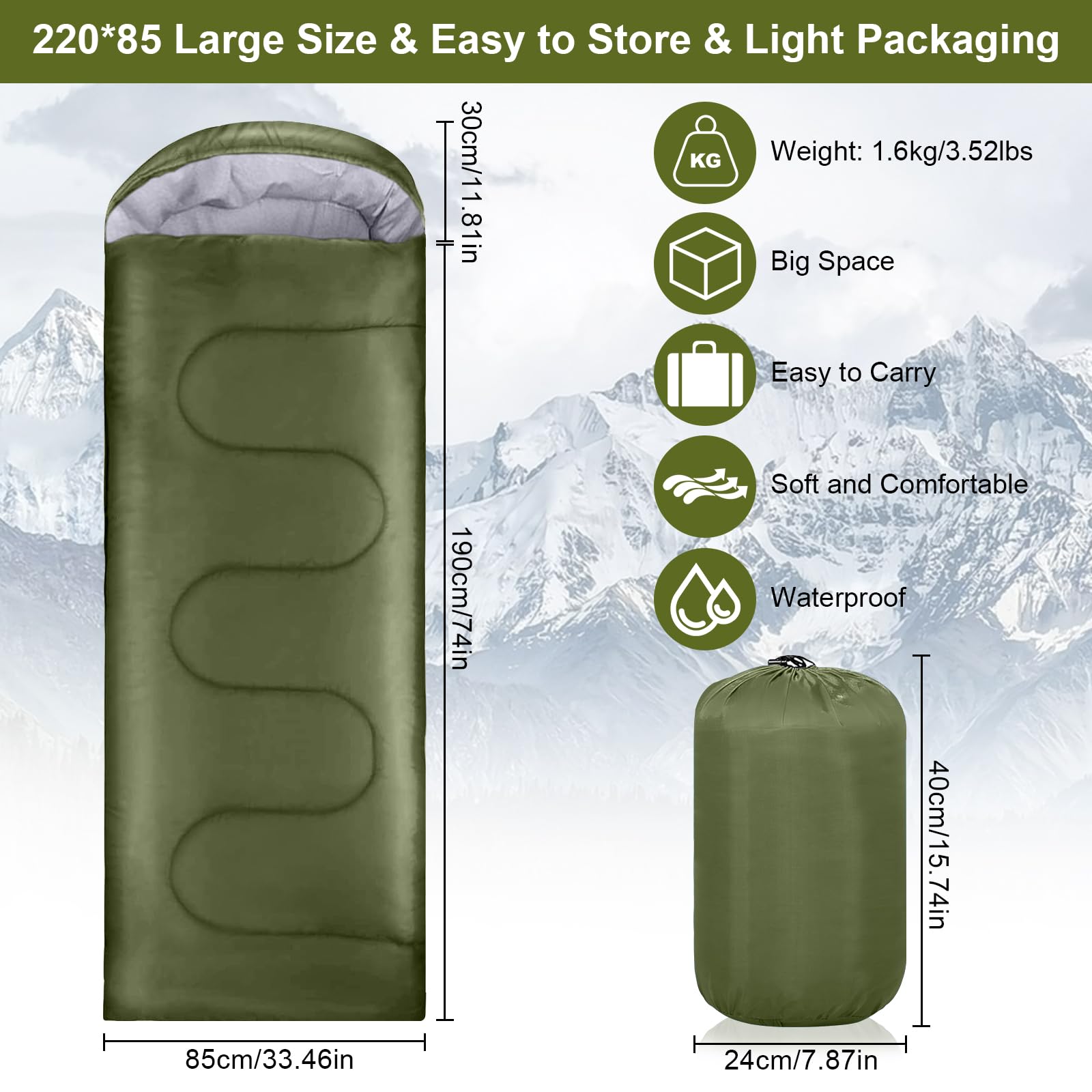 AQXONG Saco de Dormir Verde, 220x85cm Saco de Dormir de 3 Estaciones, Impermeable con Bolsa de Compresión Portátil para Camping, Senderismo, Actividades al Aire Libre