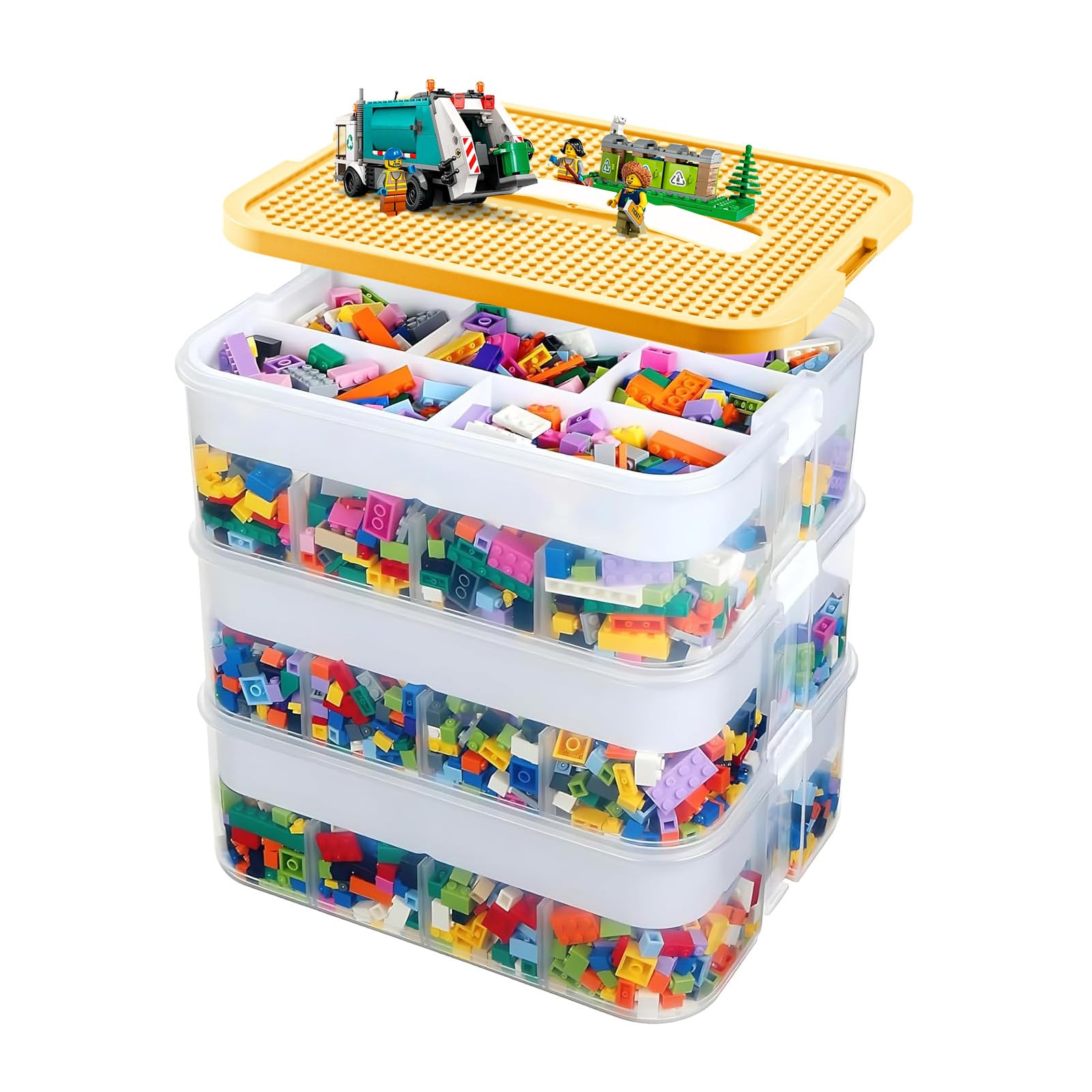 Breezenest 3-Tier Yellow 3-Tier Lego Organiser With Lids Stackable Lego Storage Box With Adjustable Compartments White Minimalist Design For Building Bricks, 33X33x34cm (Yellow)