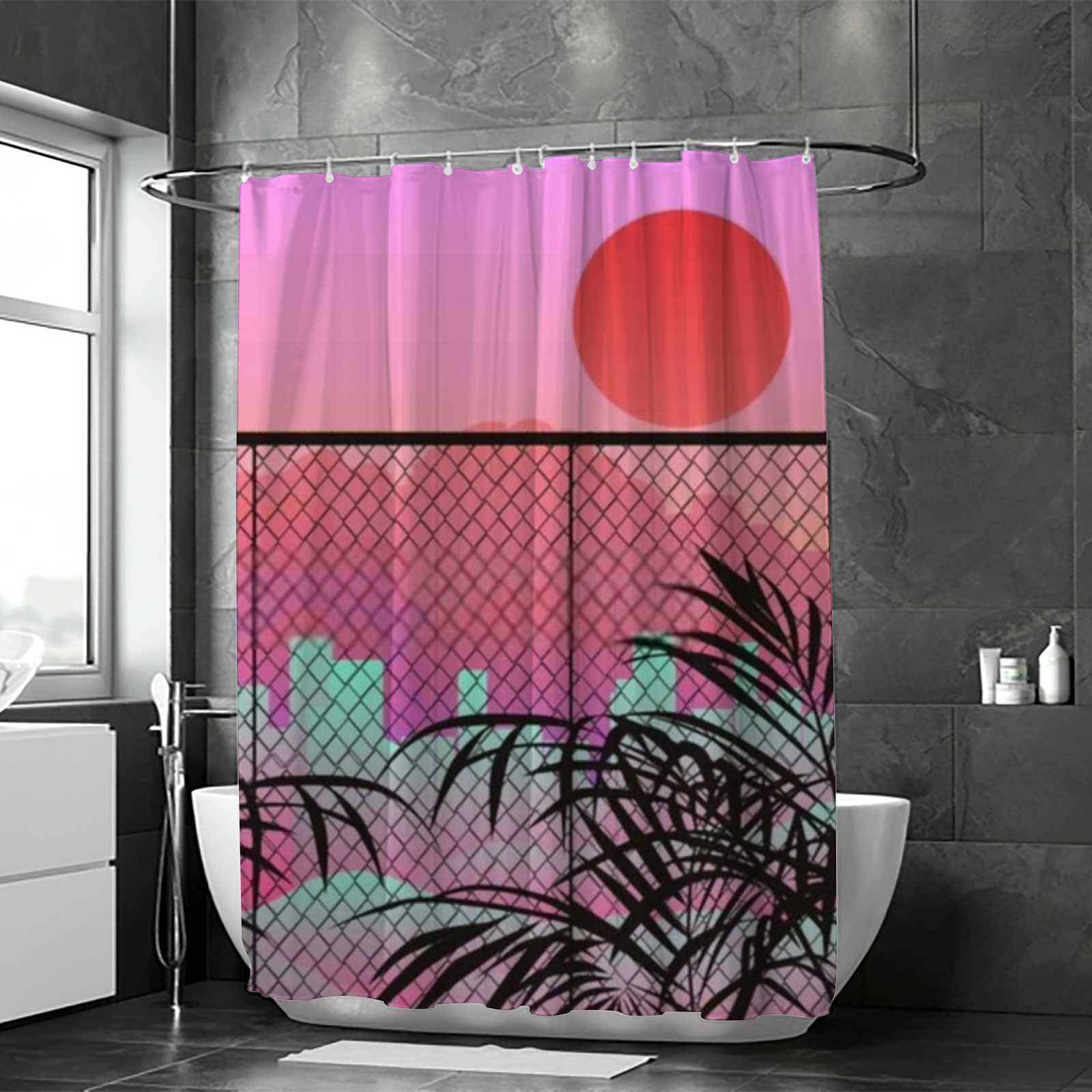 Kuizee Bathroom Shower Curtain 72 x 72 Inch with 12 Hooks Cloudy Sky Retro Synthwave Anime Style Bathtubs Polyester Waterproof Shower Curtains Set