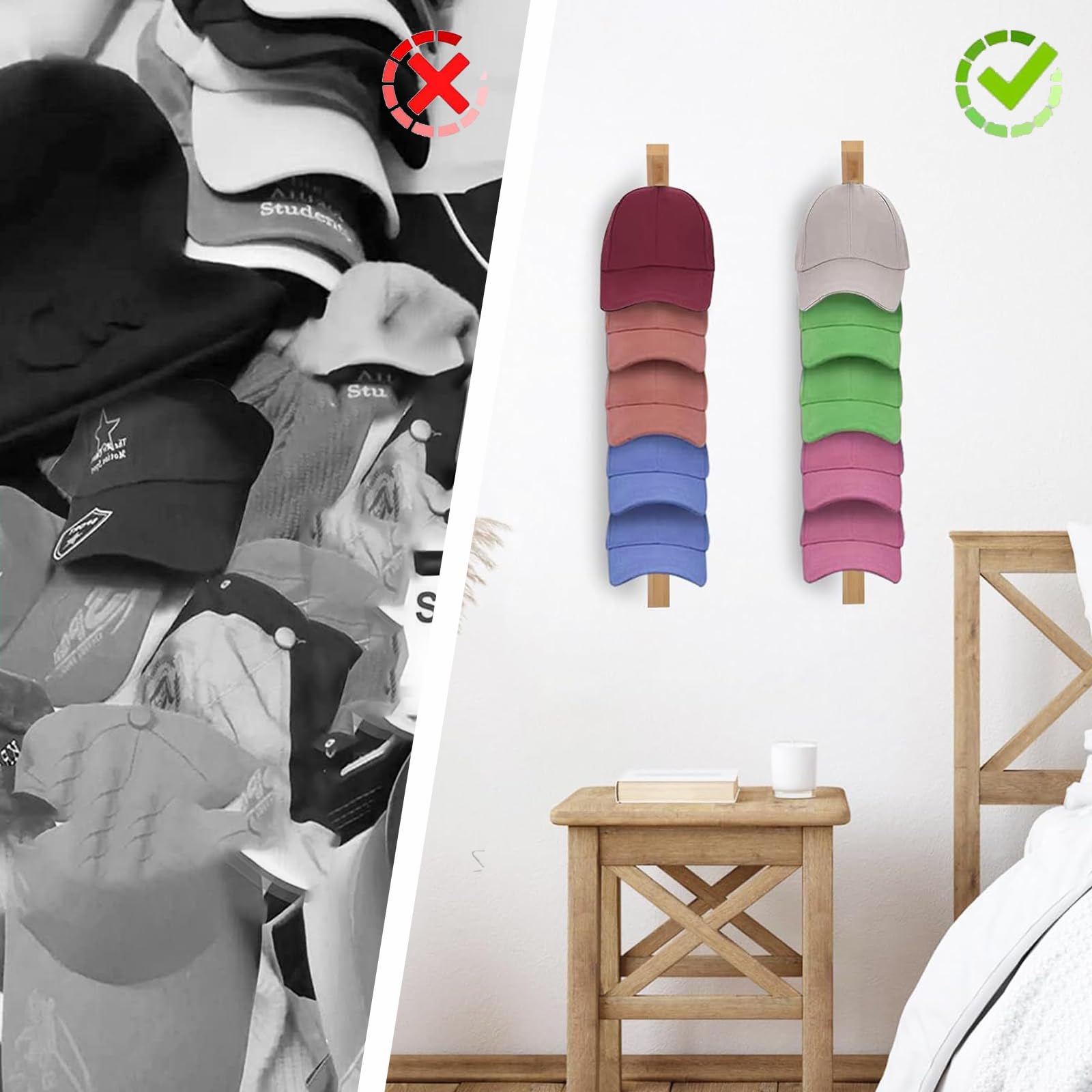 Generico Porta Cappelli da Parete in Legno - 2 Pezzi Espositore per Sciarpe e Cappellini da Baseball - Organizer e Ganci per Appendere