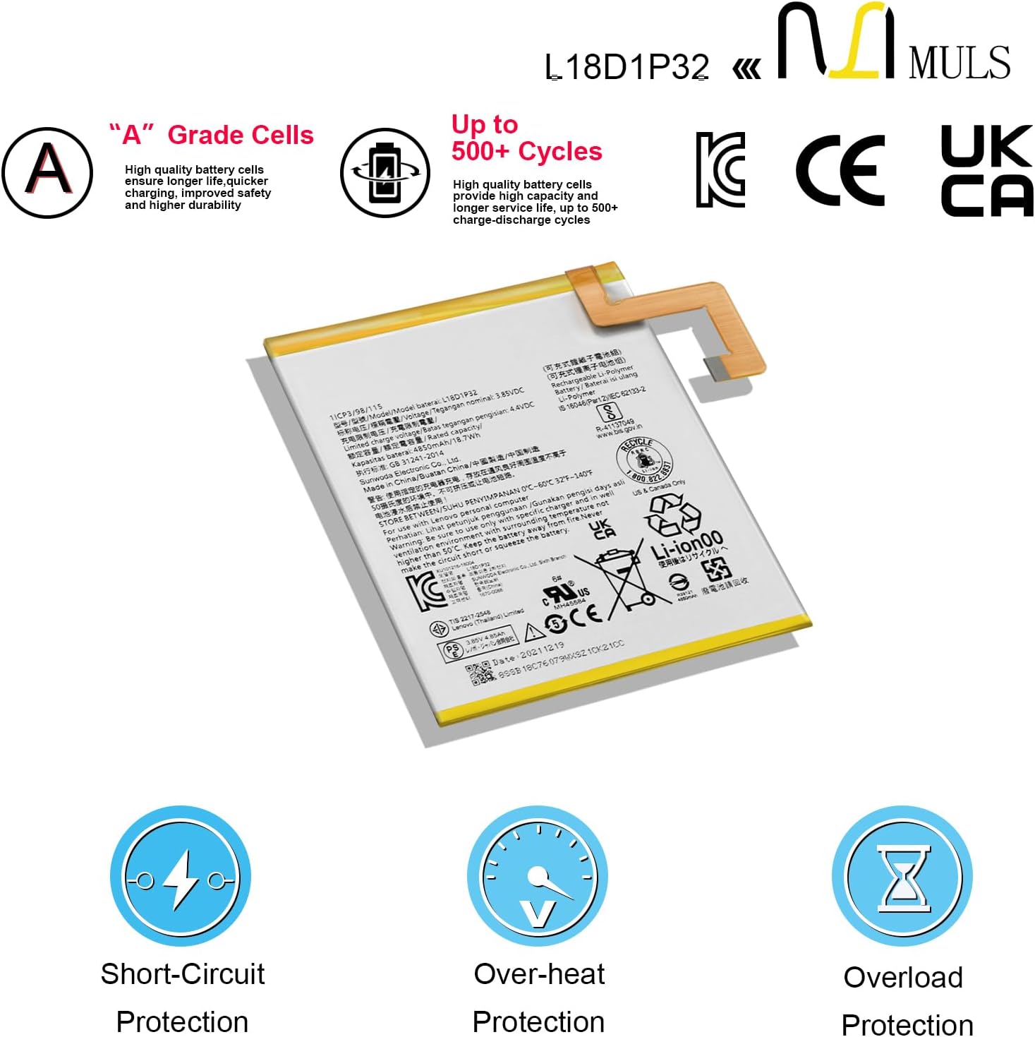 MULS L18D1P32 battery with safety certifications like CE, FCC, RoHS, and recycling symbols