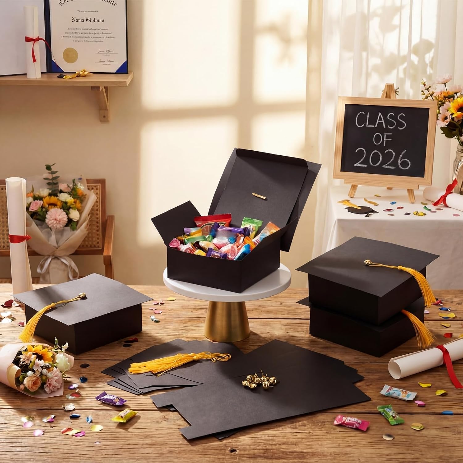 Kolldenn 48 Pack Medium Graduation Cap Gift Box 5.12 x 5.12 Inch Class of 2026 Graduation Party Favors Gift Boxes with Tassel for High School College Graduates Candy Chocolate Cash Checks