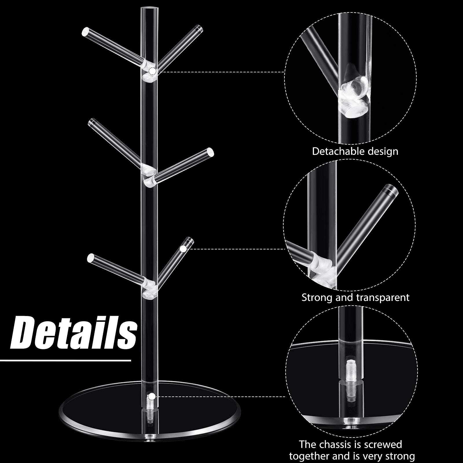 Portabicchieri Ad Albero In Acrilico Nero - 14 Pollici, 6 Ganci Rimovibili, Per Tazze E Bicchieri - Foto 3
