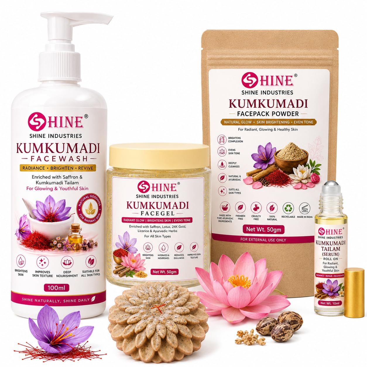 SHINE Kumkumadi Complete Facial Care Combo, Face Wash 100ml, Face Gel, Face Pack, Soap 50g & Tailam 10ml, Natural Glow Kit-image-20