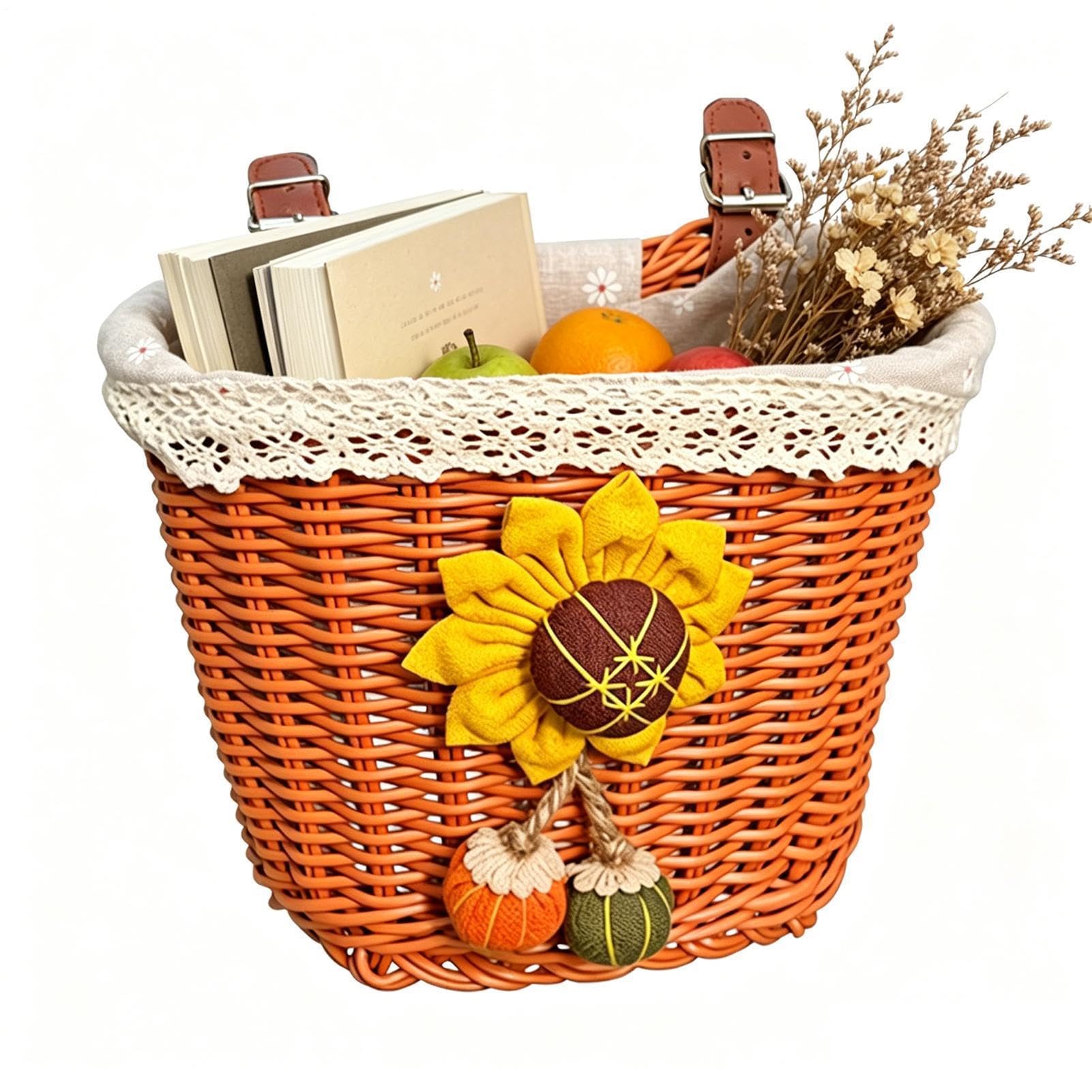 Kids Bike Basket, Bike Basket For Kids Bikes With Flower, Wicker Woven Front Bicycle Baskets, Hand-Woven Handlebar Baskets For Boys And Girls, Easy To Install For Kid Bikes Or Scooters