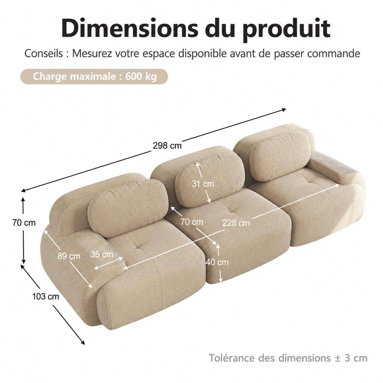 Divano a 3 posti in velluto a coste beige 298x103x70 cm, senza