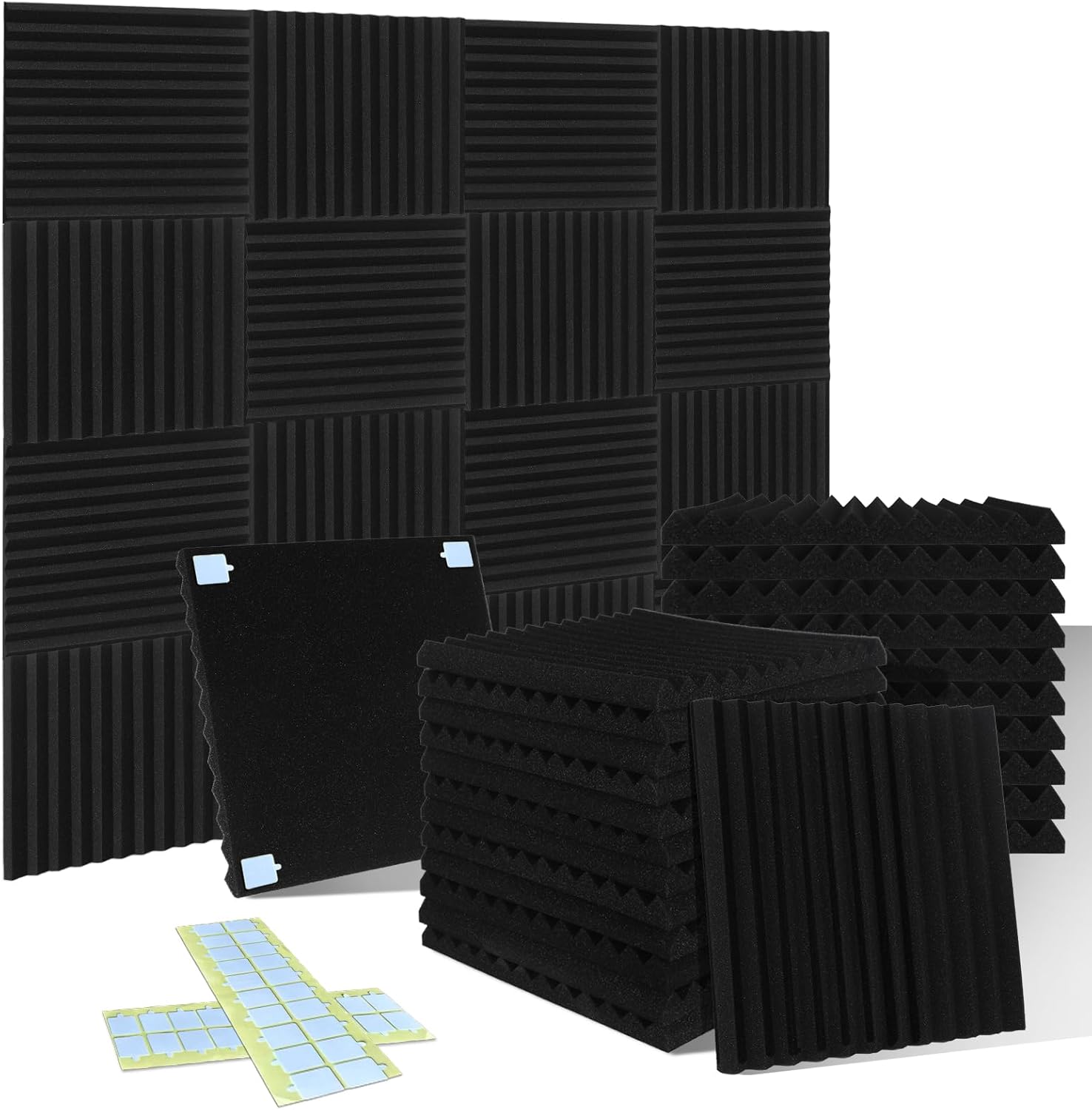 54 Pack Acoustic Foam Panels1 X 12 X 12Inches,noise absorption and reduction fireproof foam Suitable for studios, homes, recording studios,with 270PCS Double-Side Adhesive(black)