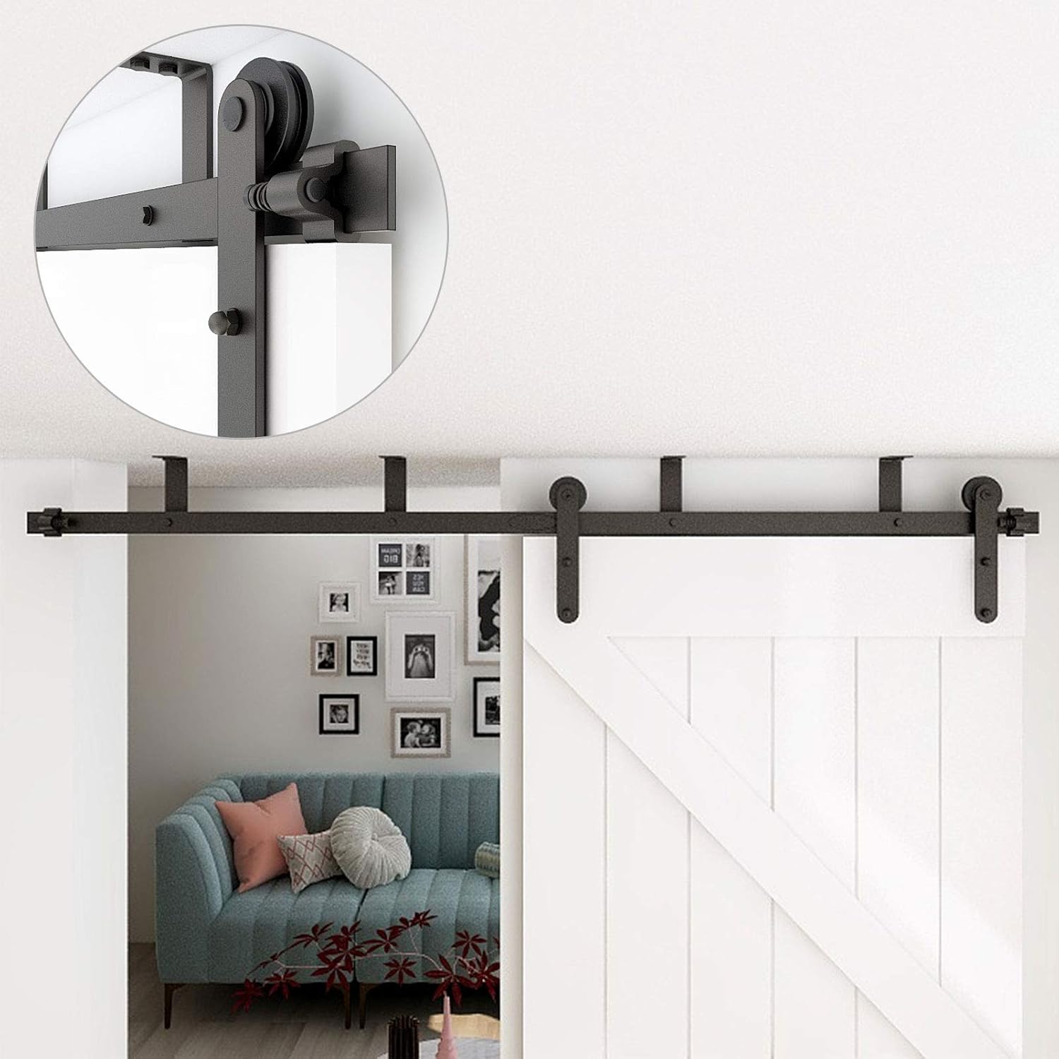 TSMST 7ft Ceiling Mount Sliding Barn Door Hardware fit 42" Wide Single Wooden Door,Easy to Install,Smoothly and Quietly,I Shape Hanger