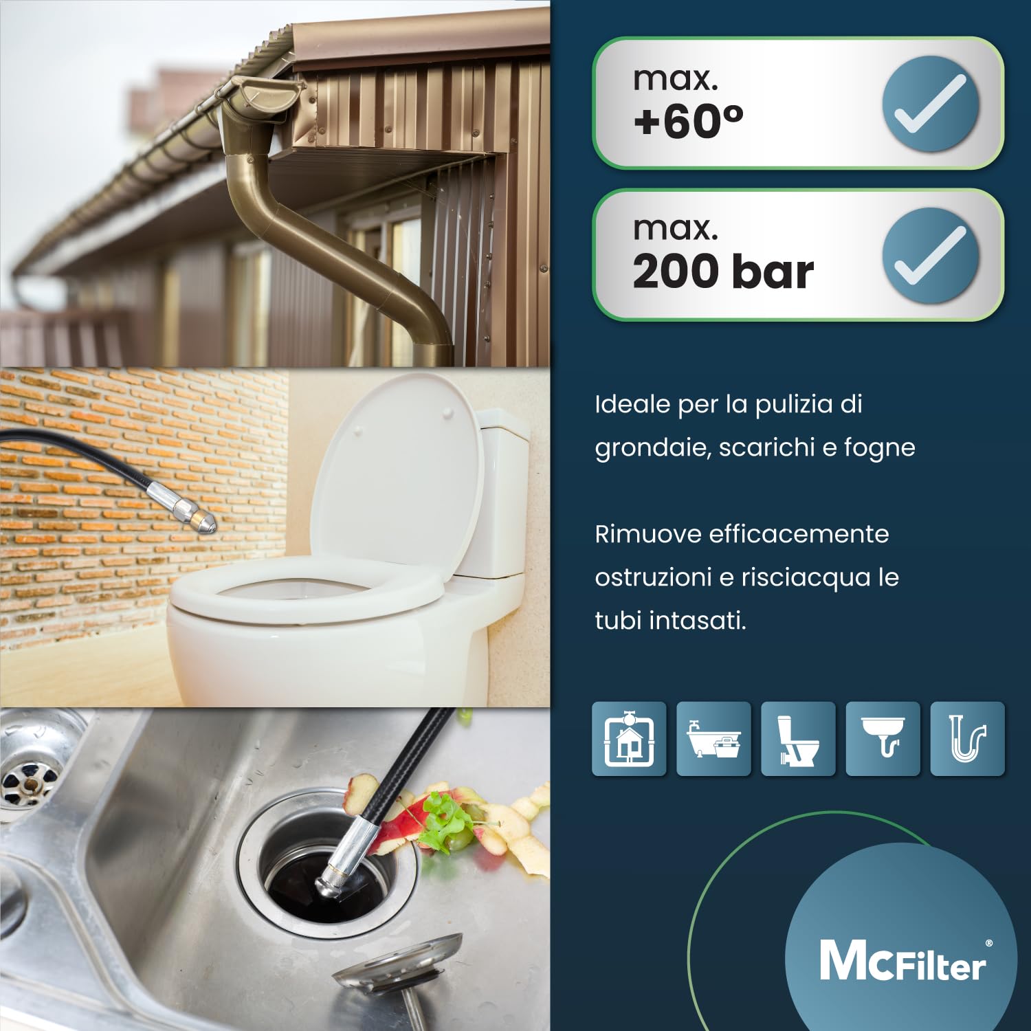 McFilter I Set di tubi universali per la pulizia dei tubi, 15 m, 200 bar, incluso sacchetto con adattatore, ugelli fissi + rotanti, compatibile con le idropulitrici Kärcher K2 K3 K4 K5 K6 K7