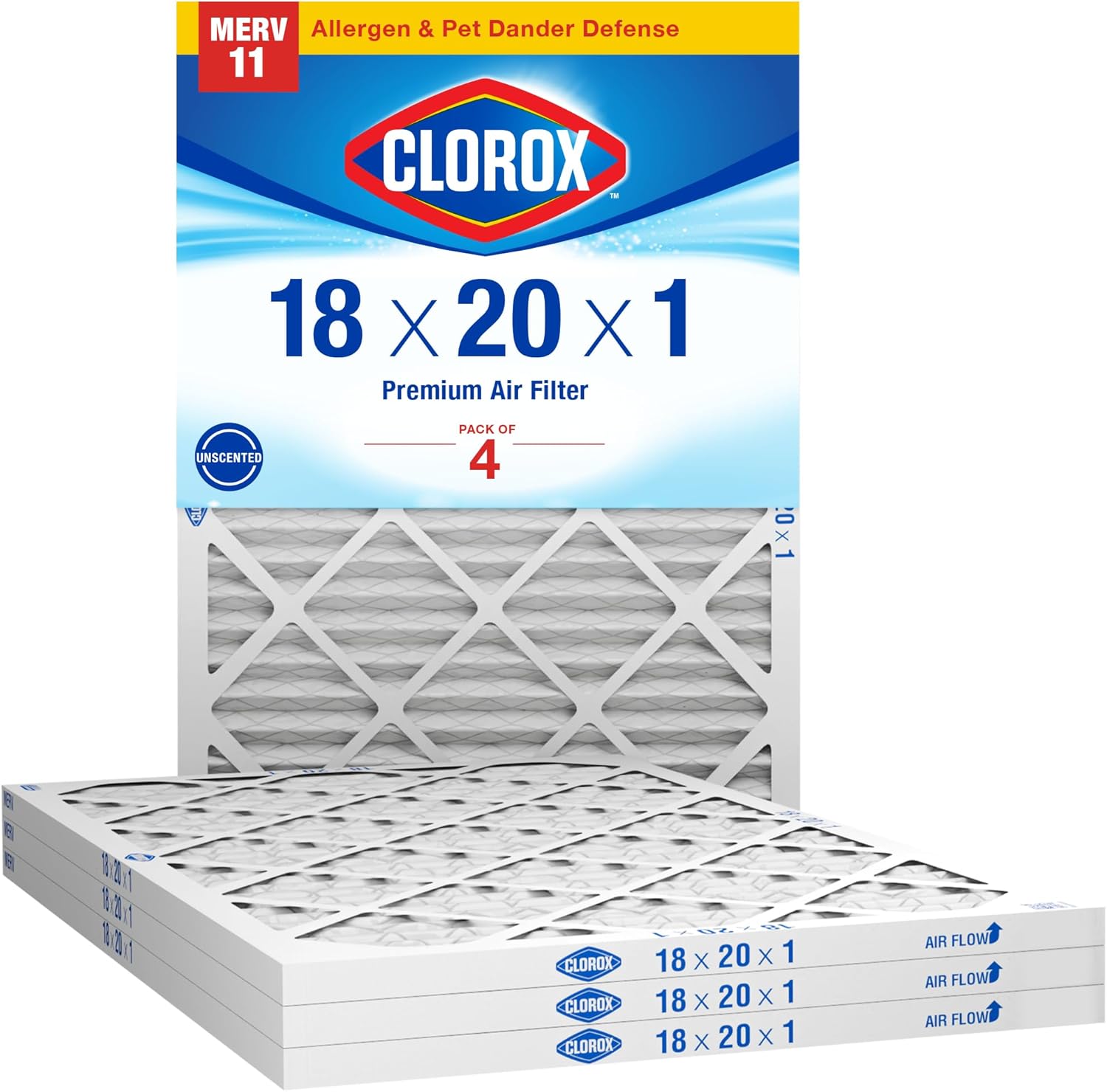 Clorox 18x20x1 Air Filter, MERV 11 Pleated HVAC AC Furnace Air Filters, MPR 1000 & FPR 7  Pack of 4