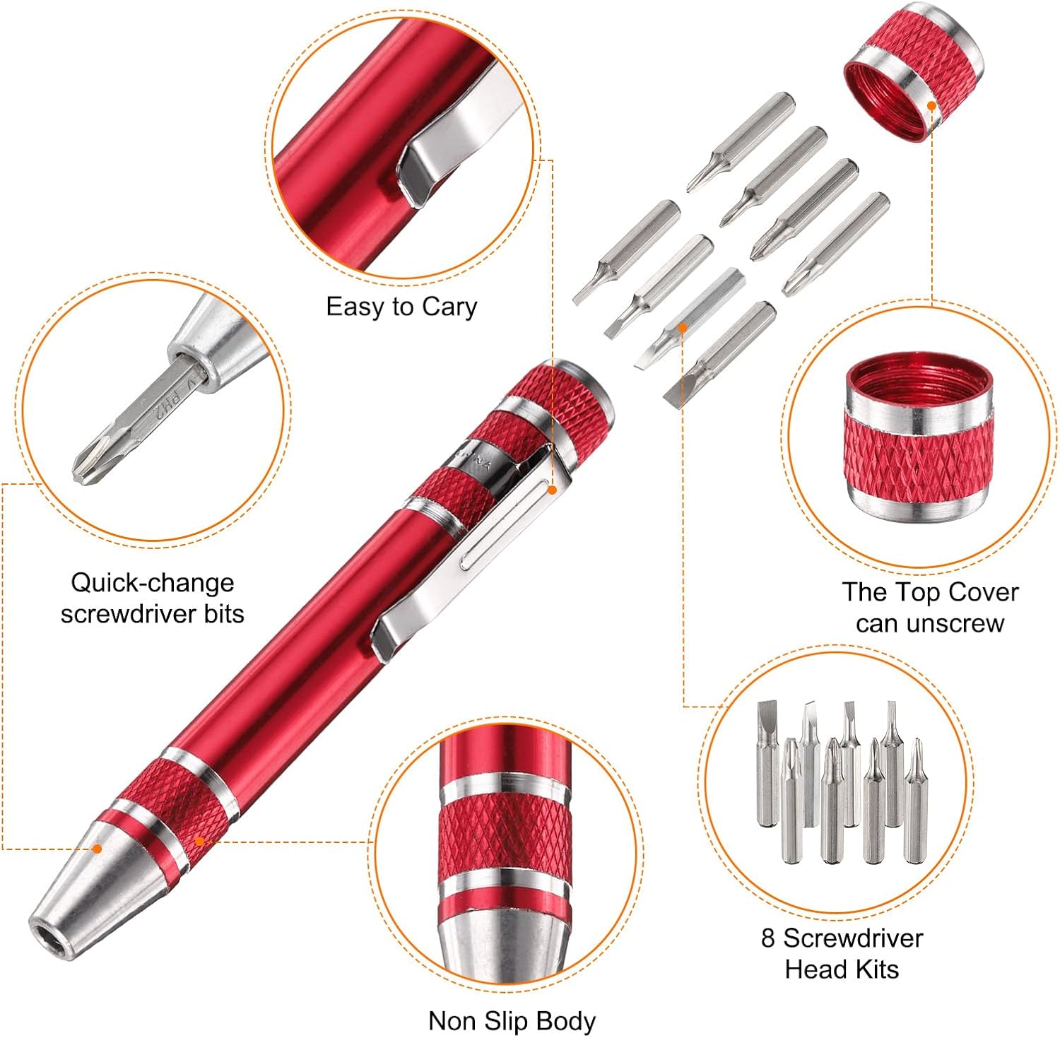 2pcs 8 in 1 Mini Pocket Pen Screwdriver Set Multi-Function Small Magnetic Screw Driver with Phillips and Flat Head Bits for Computer Eyeglasses, Red