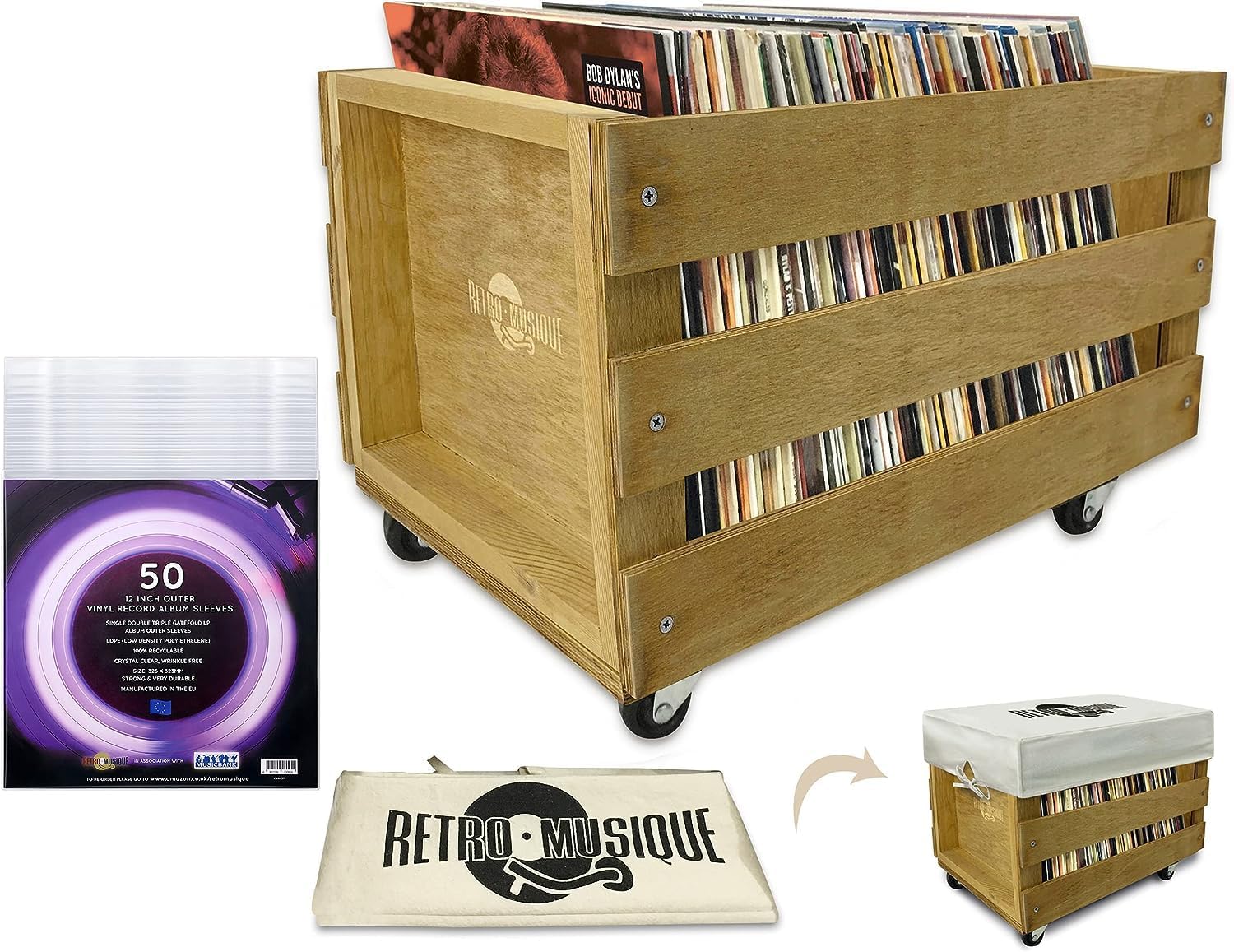 Retro musique Wooden 12” LP Vinyl Record Storage Crate on