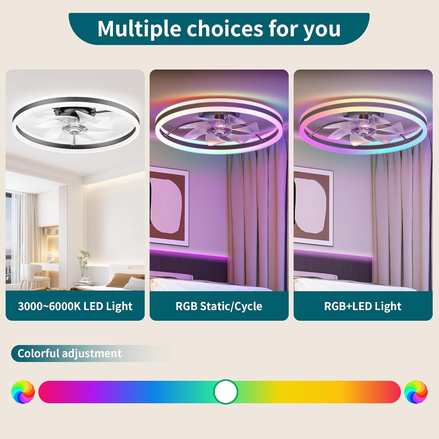 RGB Ceiling Fans with Lights and Remote, 20" Low Profile Ceiling Fan, Tuya App Control Modern Flush Mount LED Fan Light, 6 Wind Speeds, Black Fandelier Ceiling Fans for Bedroom