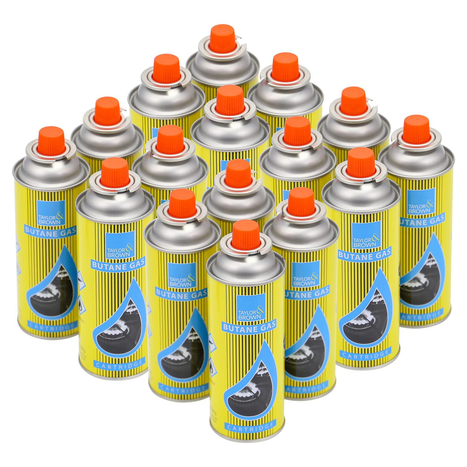 Taylor & Brown Yellow 16 Pack Butane Gas Bottles Canister Cartridge Canisters Cylinder | For Camping Stove Cooker, Heater, Barbecue Or Bbq, Weed Burner, Kitchen Blow Torch