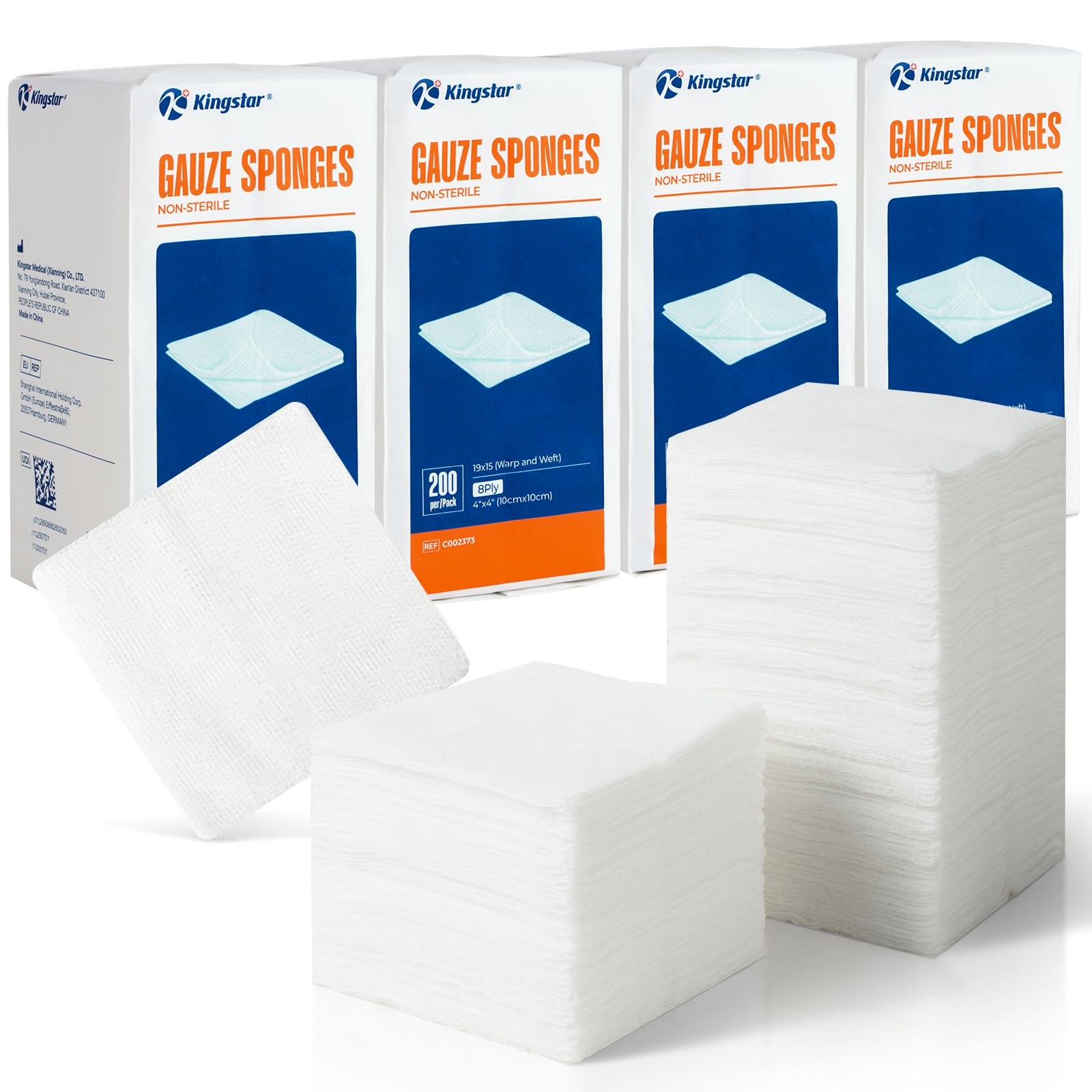 Kingstar 4x4 Inch Gauze Sponges 8-Ply, 800 Count (4 Packs of 200)