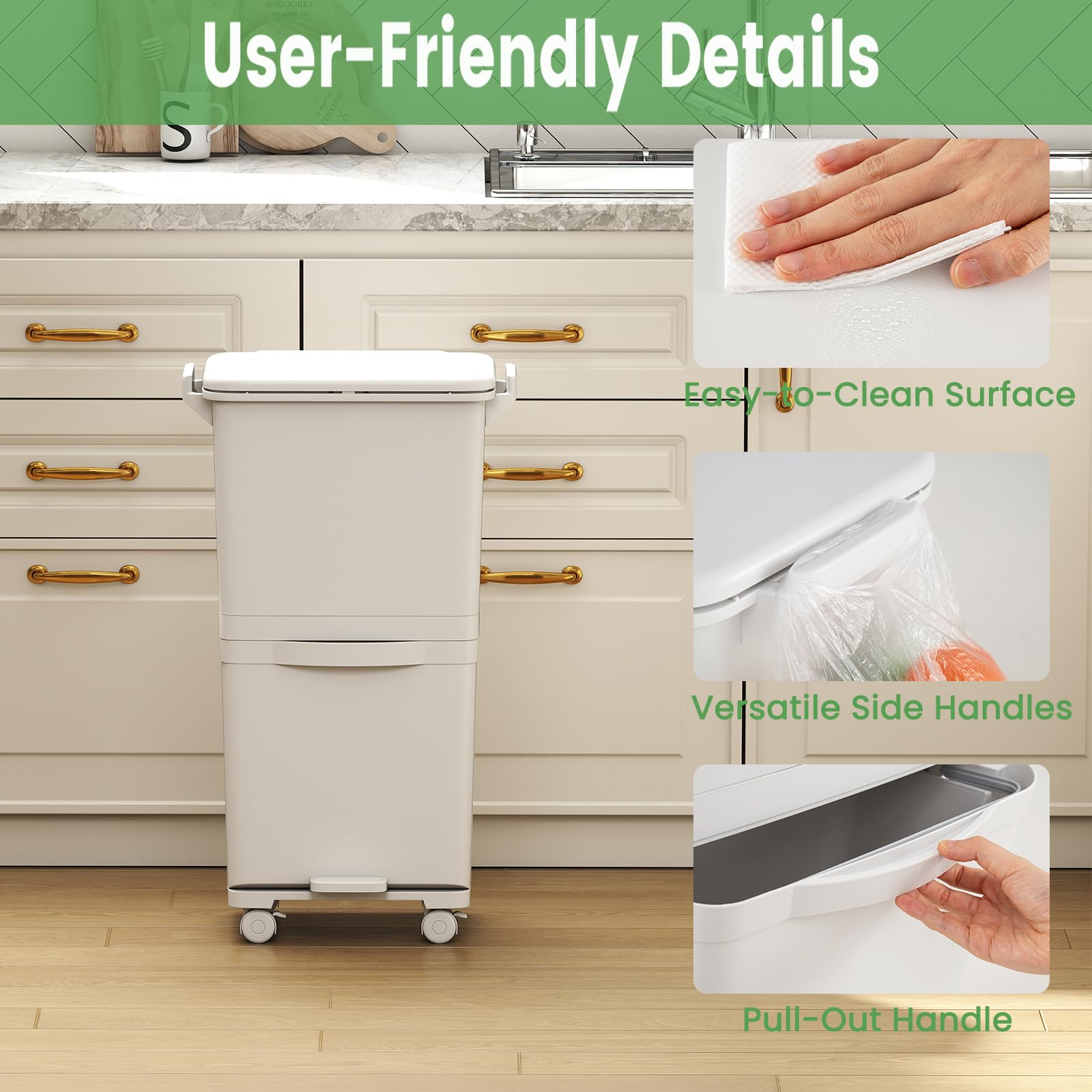LIFEZEAL Cubo de Basura de Reciclaje 40L, Cubo de Basura Cocina de 3 Compartimentos con Balde Interior, Contenedores de Reciclaje de Pedal con inferior basculante, 42 x 28 x 73.5 cm