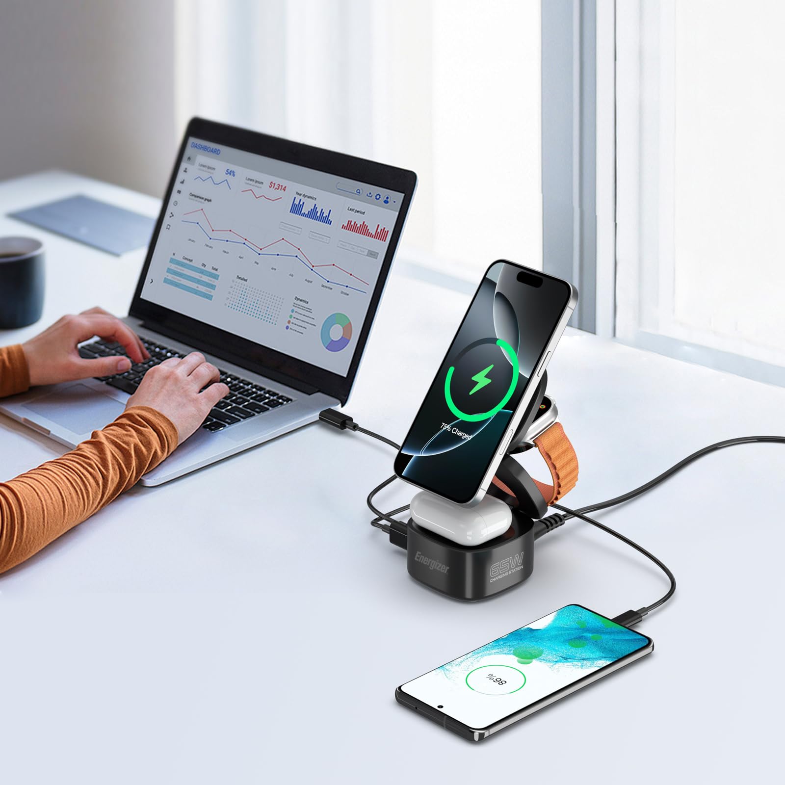 Składana stacja ładująca do Apple 65 W, GaN, USB, C, PD, QC, szybka ładowarka, stacja dokująca do wielu urządzeń, 6 w 1, bezprzewodowa, magnetyczna ładowarka, do iPhone'a 15, 14, 13, 12 Pro, Max