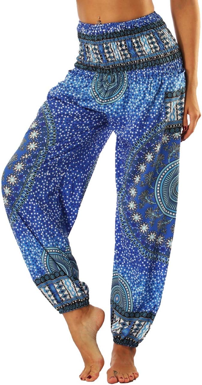 coastal rose Harem Pants for Women Smocked Waist Hippie Boho Yoga Palazzo Casual Pants Blue Tree