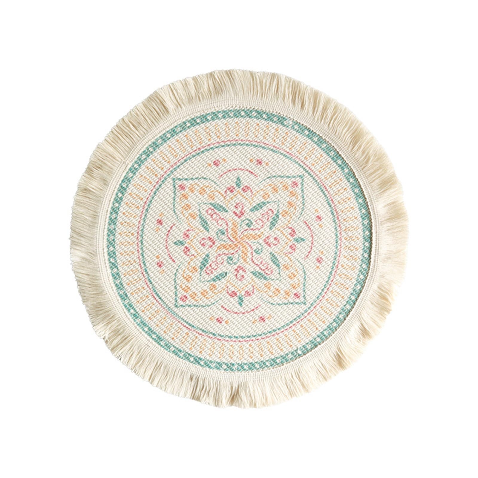 2Pcs Boho Circular Woven Placemats with Tassels - Insulated Decor Mats for Farmhouse Decor(Color2)