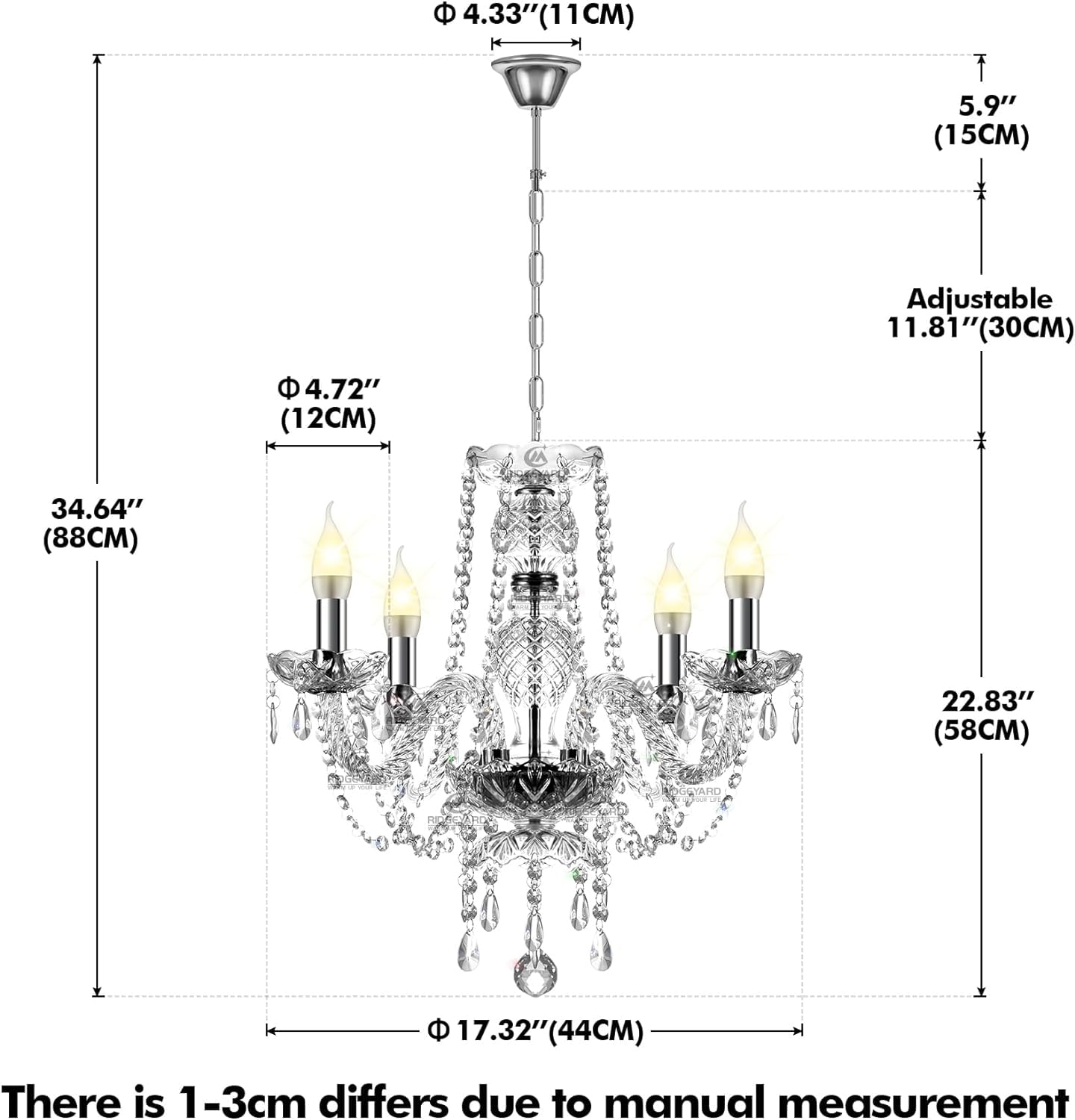 Ridgeyard Lampadario moderno cristallo 4 luci K5 trasparente regolabile cristallo goccia plafoniera 4x40w E14 decorazione casa soggiorno ristorante
