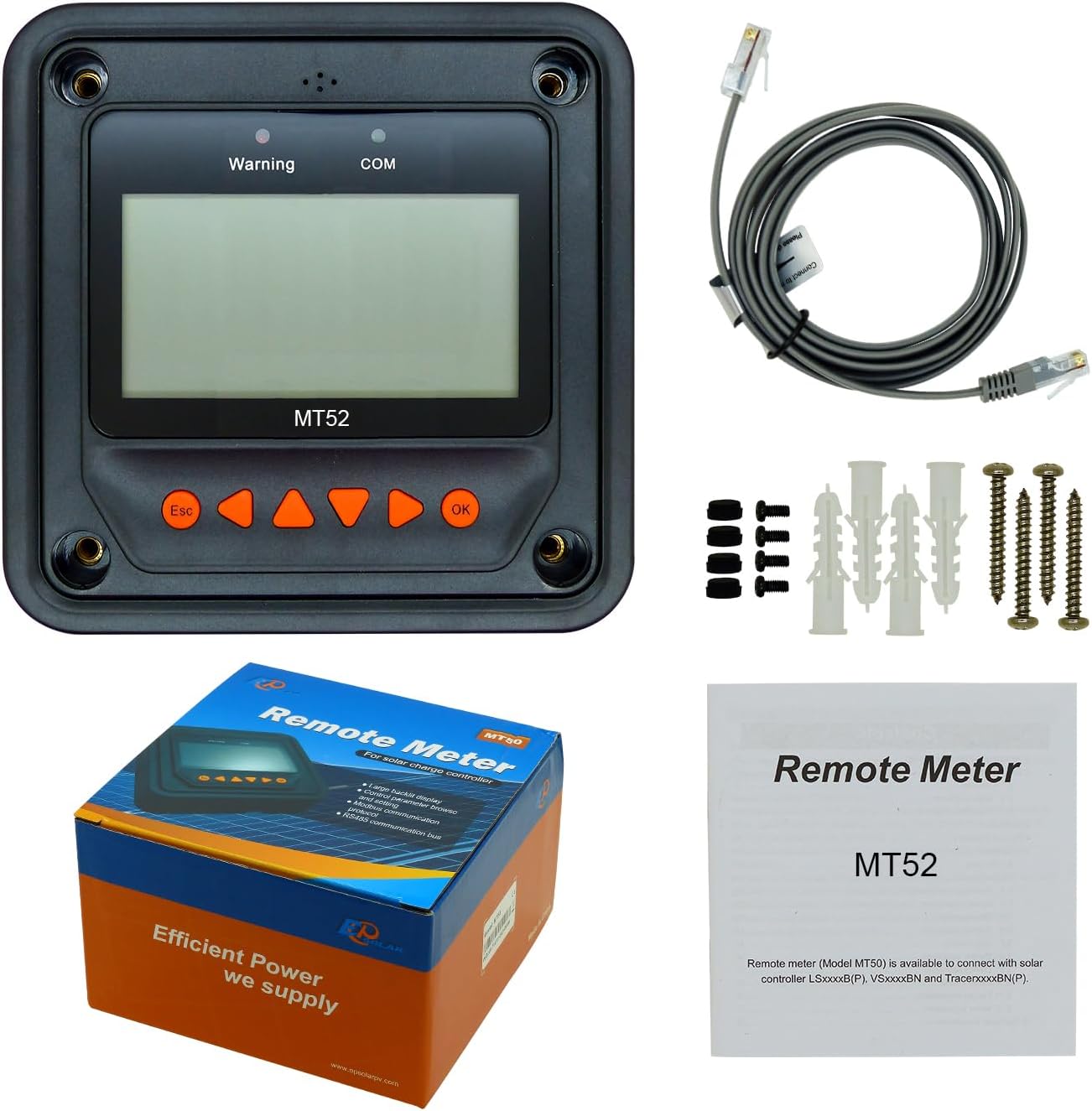 EPEVER Remote Meter MT52 Backlit LCD Display for MPPT Solar Charge Controller Tracer-AN/BN Series and LS-BP, VS-BN, Tracer-BN , Monitoring and Setting ParametersMT52