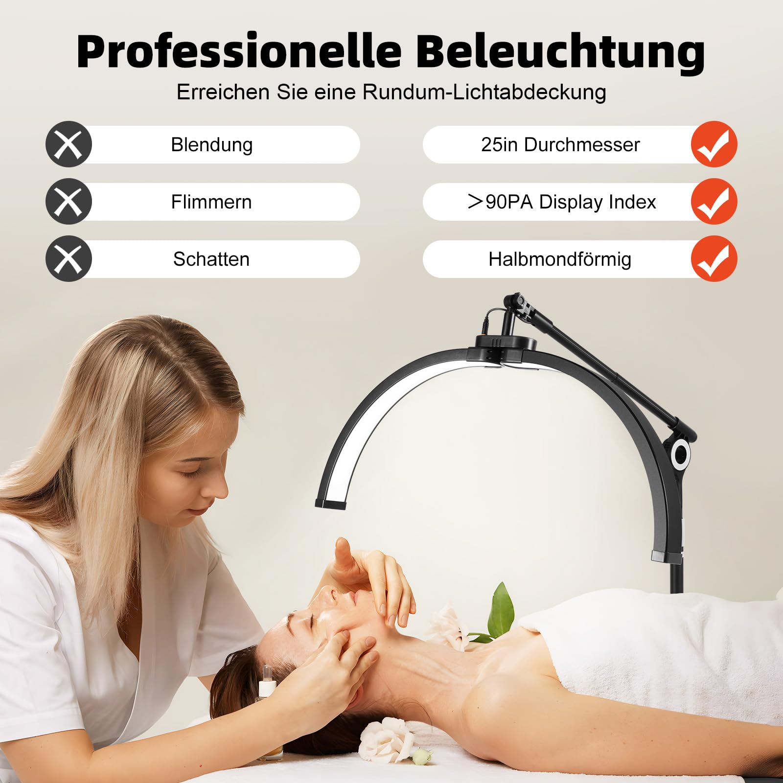 Halbmond-LED-Lampe, Wimpernverlängerung lampe mit Telefonhalter, Faltbare Einziehbarer Wimpern, 3200K-5600K, professionelle ästhetische Lampe für Beauty, Tätowierer, Make-Up Artists