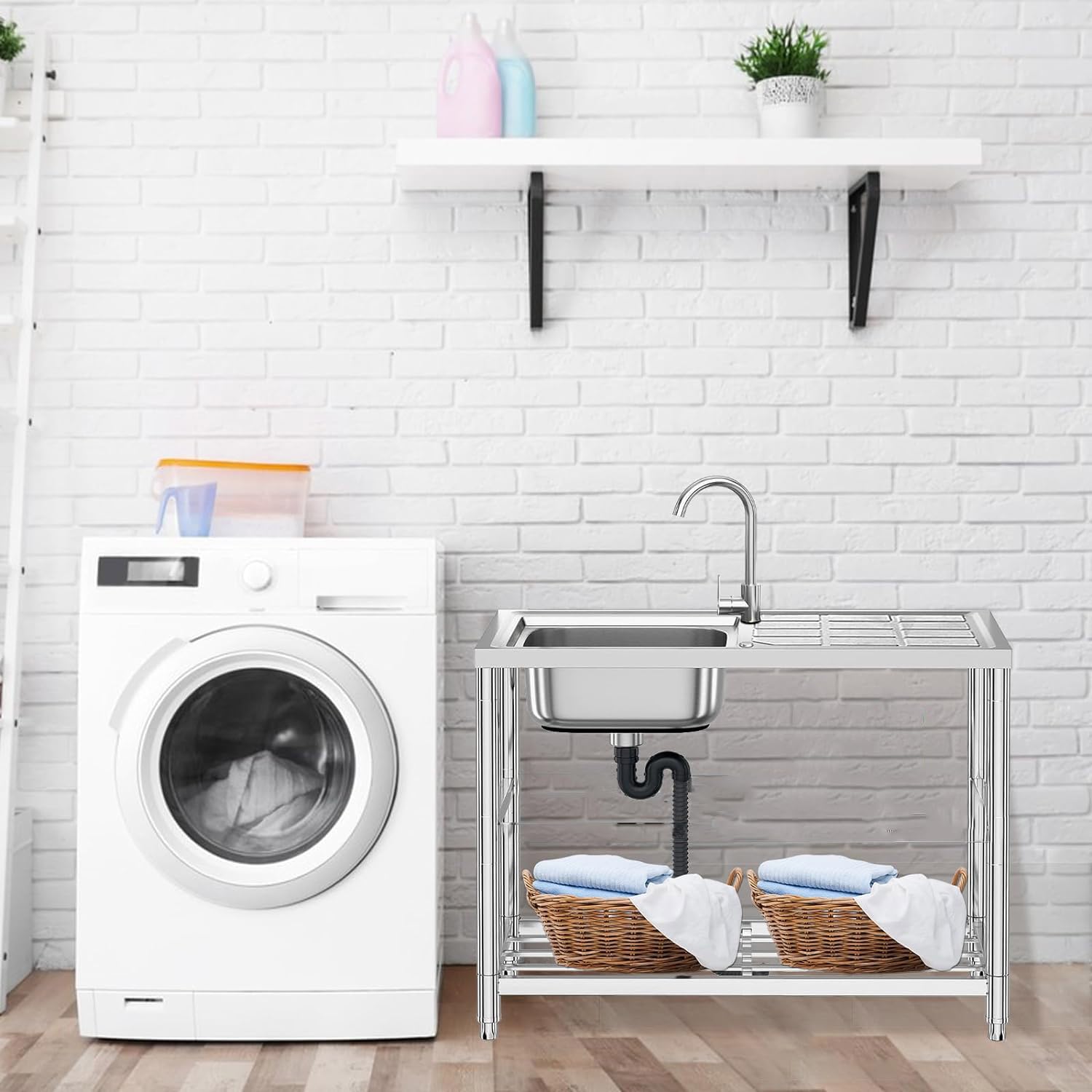 Évier Utilitaire en Acier Inoxydable 304, évier de Cuisine autoportant à Une cuve avec Plan de Travail et robinetterie d'eau Chaude et Froide.