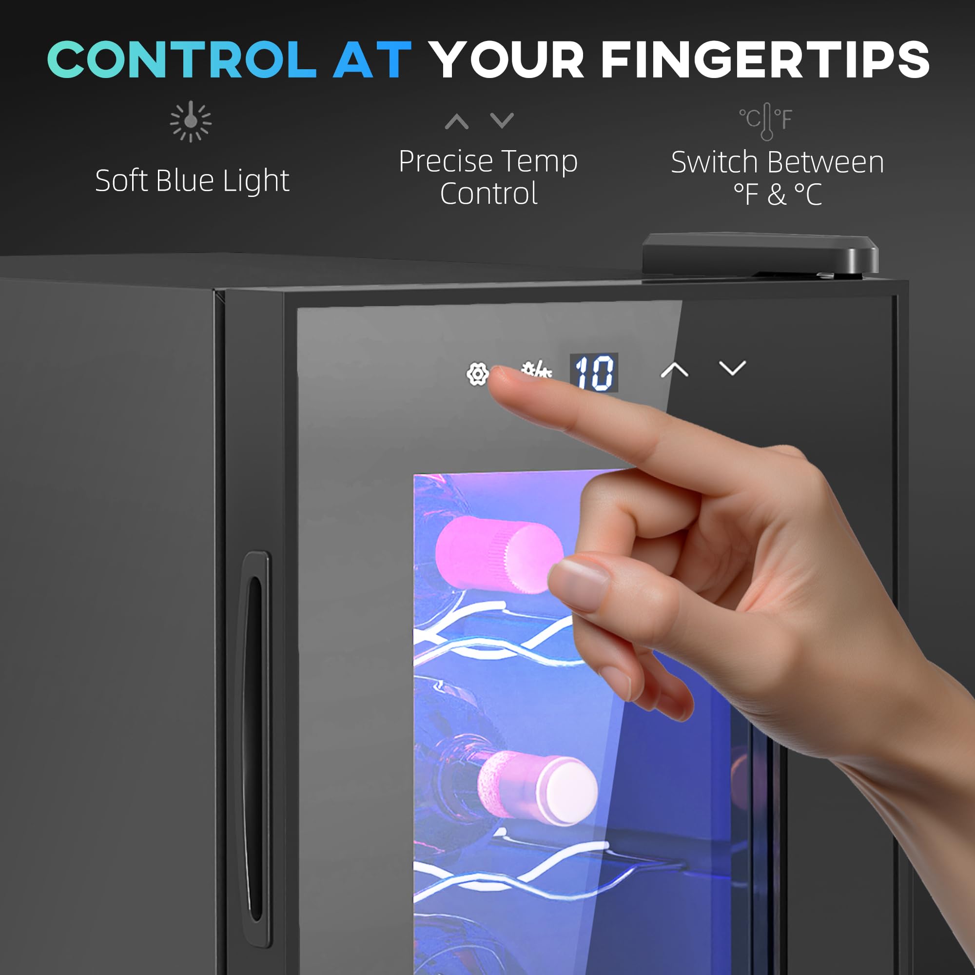 HOMCOM Mini Table Top Wine Fridge, 6 Bottle, 17L, 8-18℃, 26.5cm Quiet Under Counter Wine Cooler Fridge with Glass Door, LED Light, Digital Touch Screen, Temperature Control — view 6